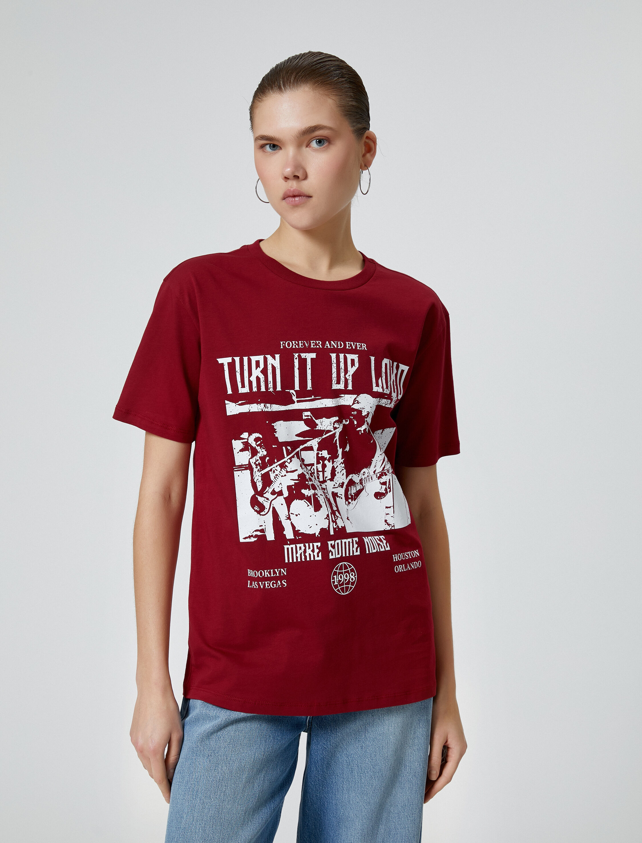   Baskılı Tişört Kısa Kollu Bisiklet Yaka Pamuklu