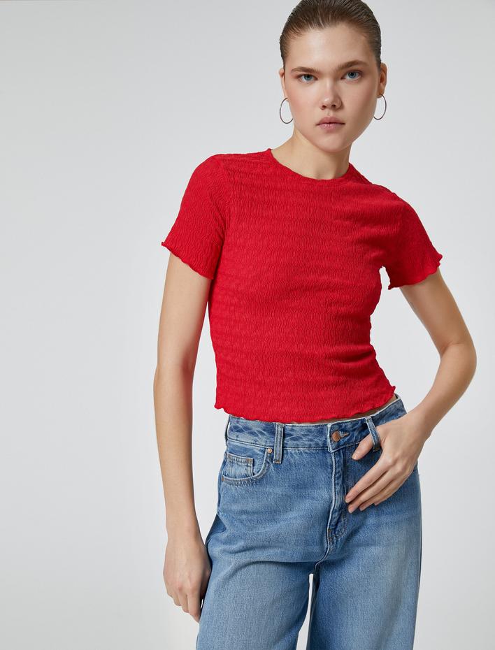  Dokulu Crop Tişört Kısa Kollu Bisiklet Yaka Slim Fit Bürümcük