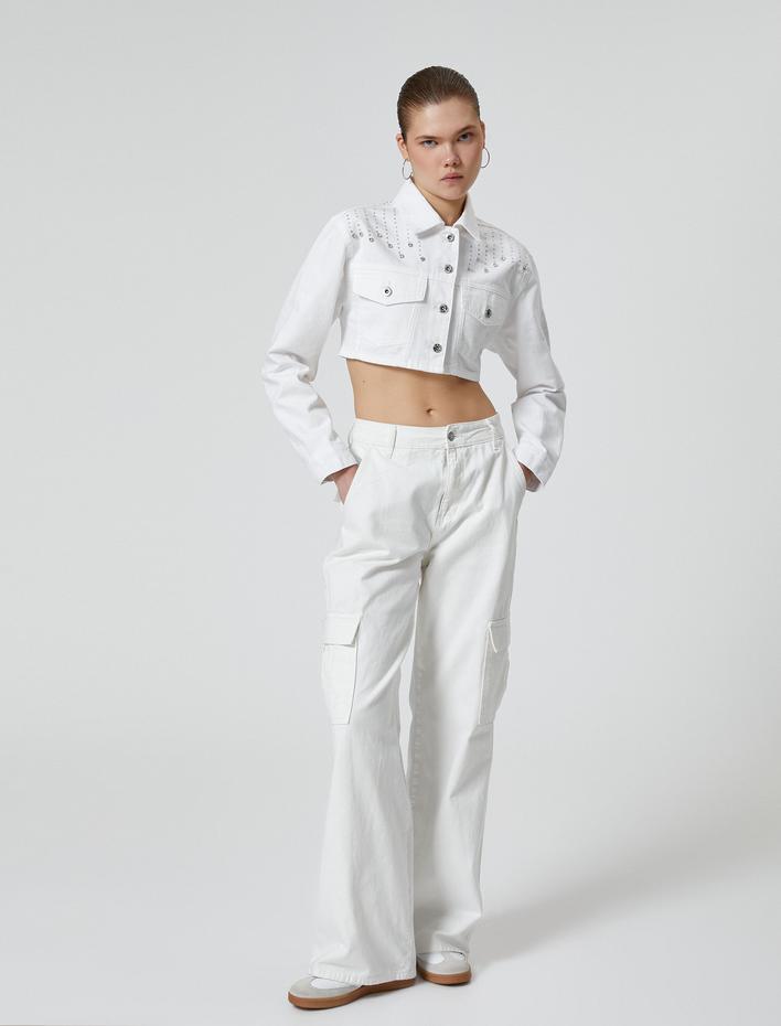  Taşlı Crop Kot Ceket Kapaklı Cepli Uzun Kollu Pamuklu