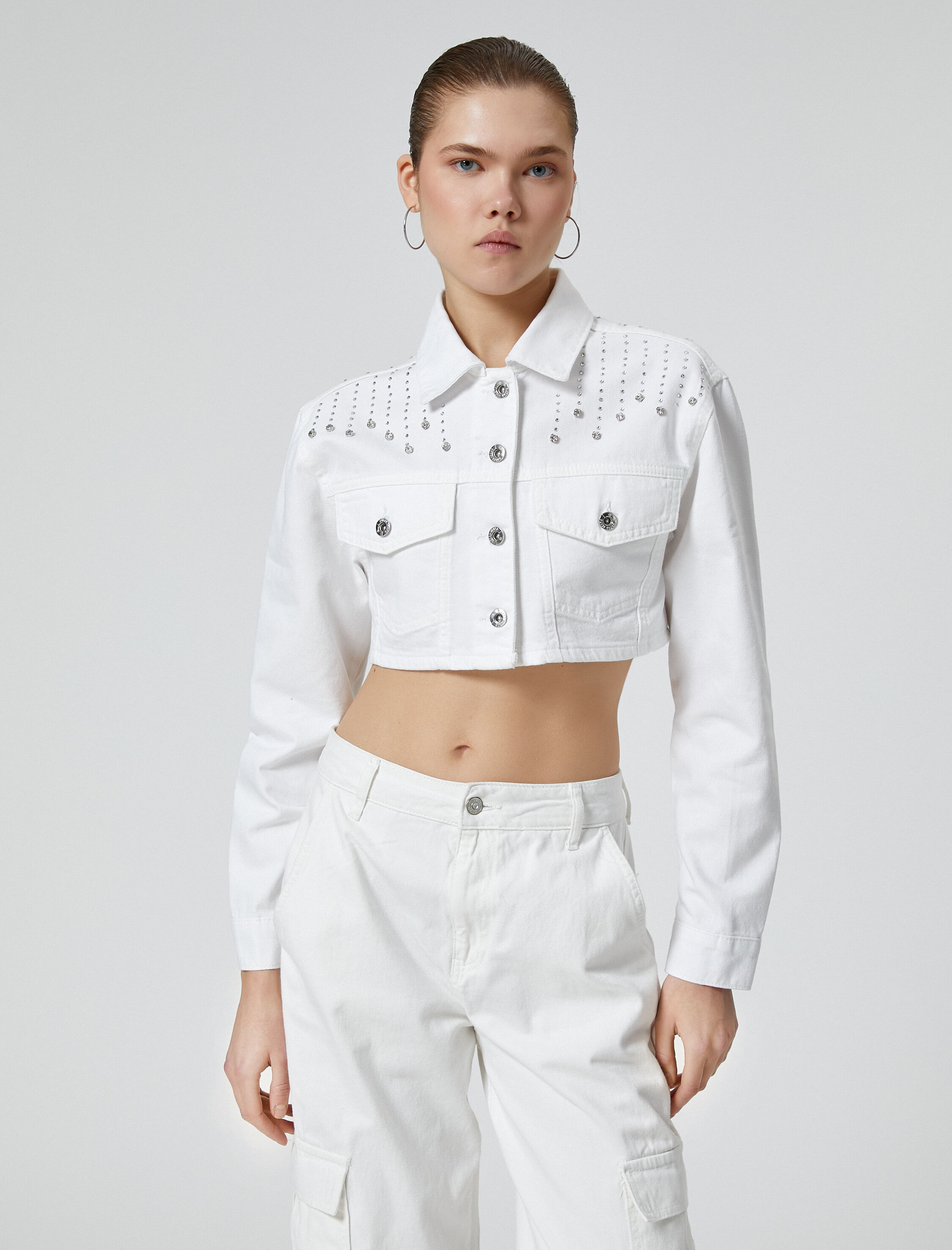   Taşlı Crop Kot Ceket Kapaklı Cepli Uzun Kollu Pamuklu