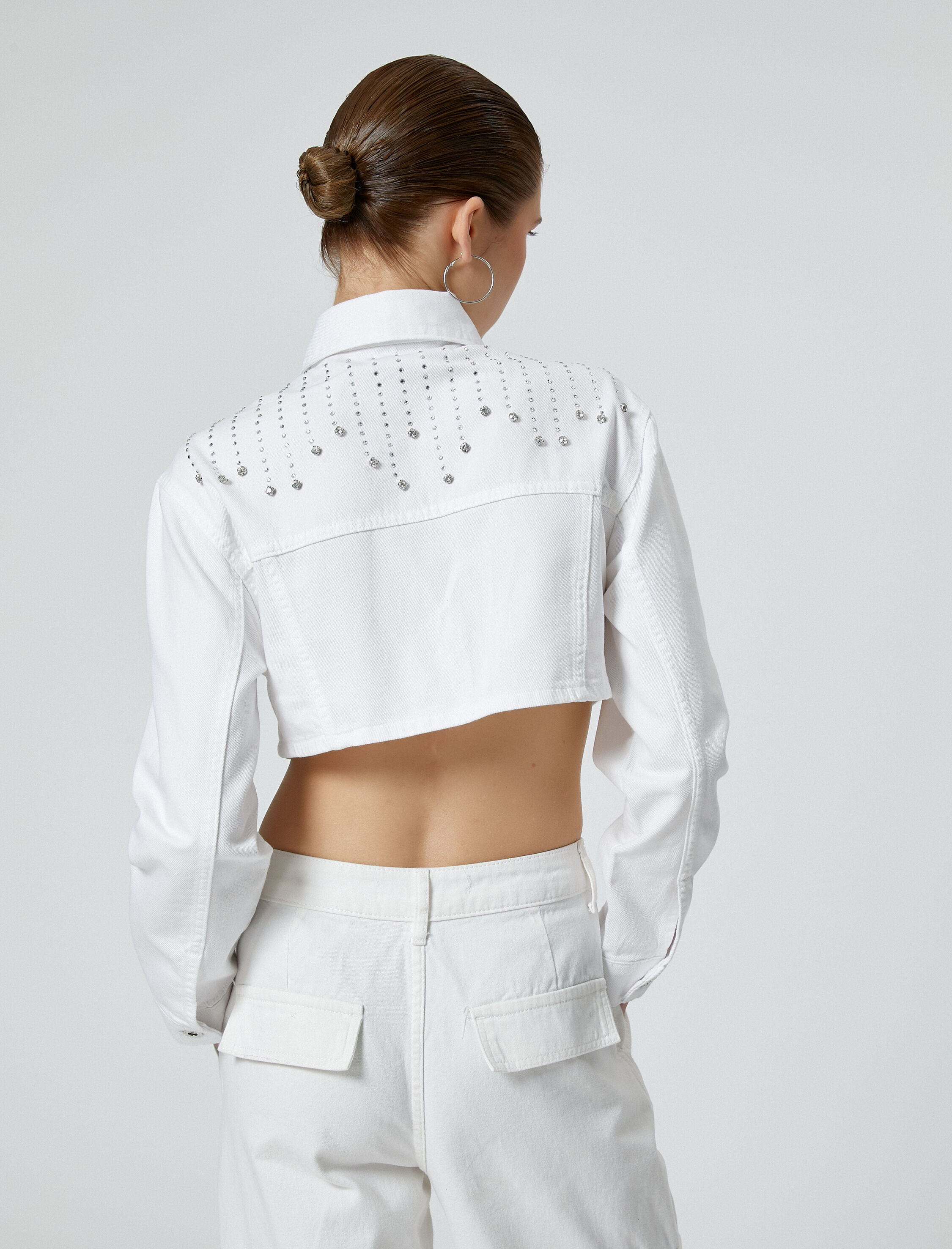   Taşlı Crop Kot Ceket Kapaklı Cepli Uzun Kollu Pamuklu