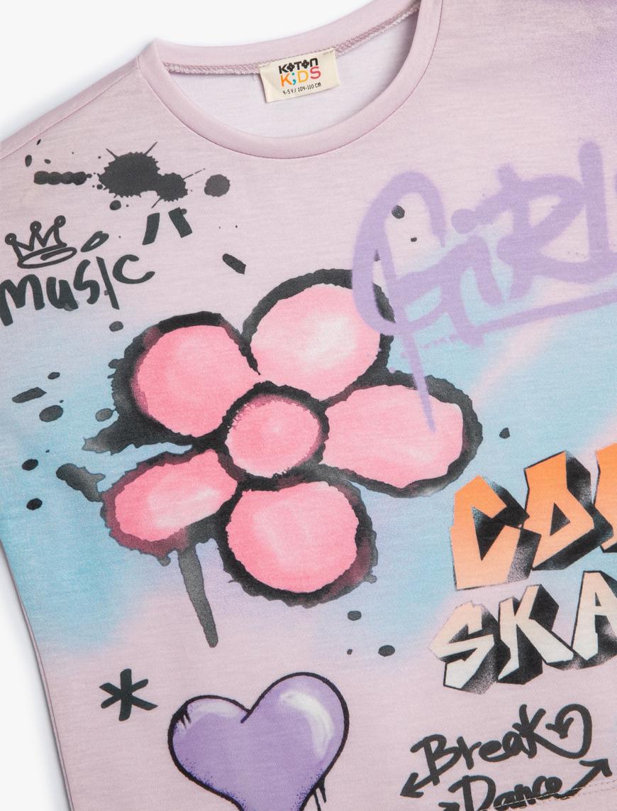  Kız Çocuk Crop Tişört Grafiti Baskılı Kısa Kollu Bisiklet Yaka