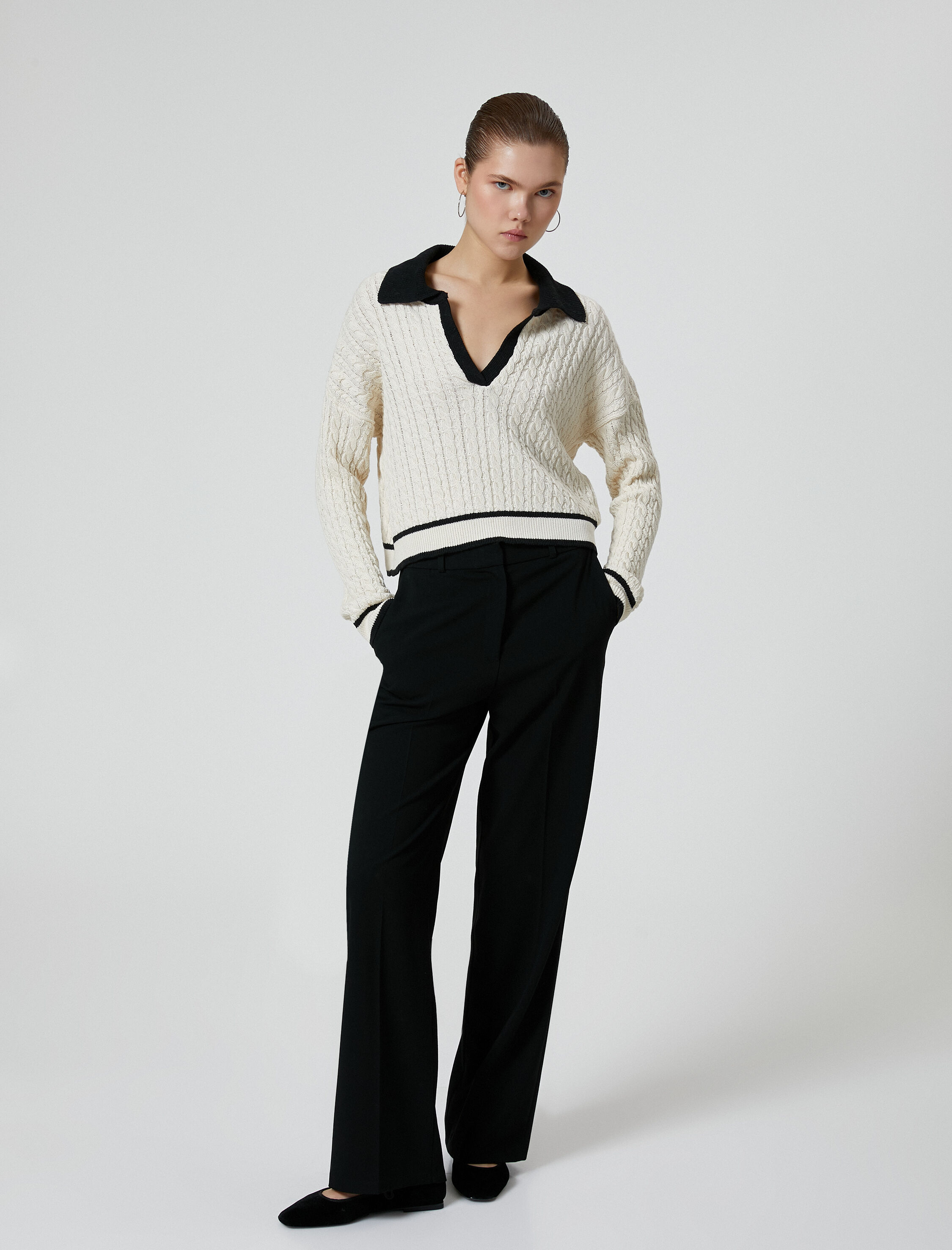   Polo Yaka Triko Kazak Renk Kontrastlı Örgü Desenli