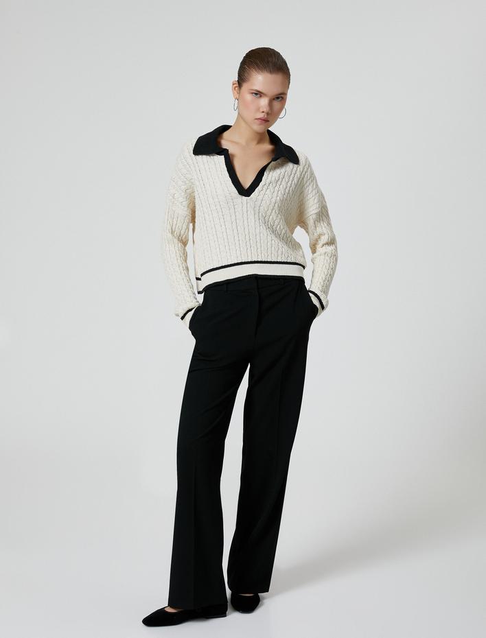  Polo Yaka Triko Kazak Renk Kontrastlı Örgü Desenli