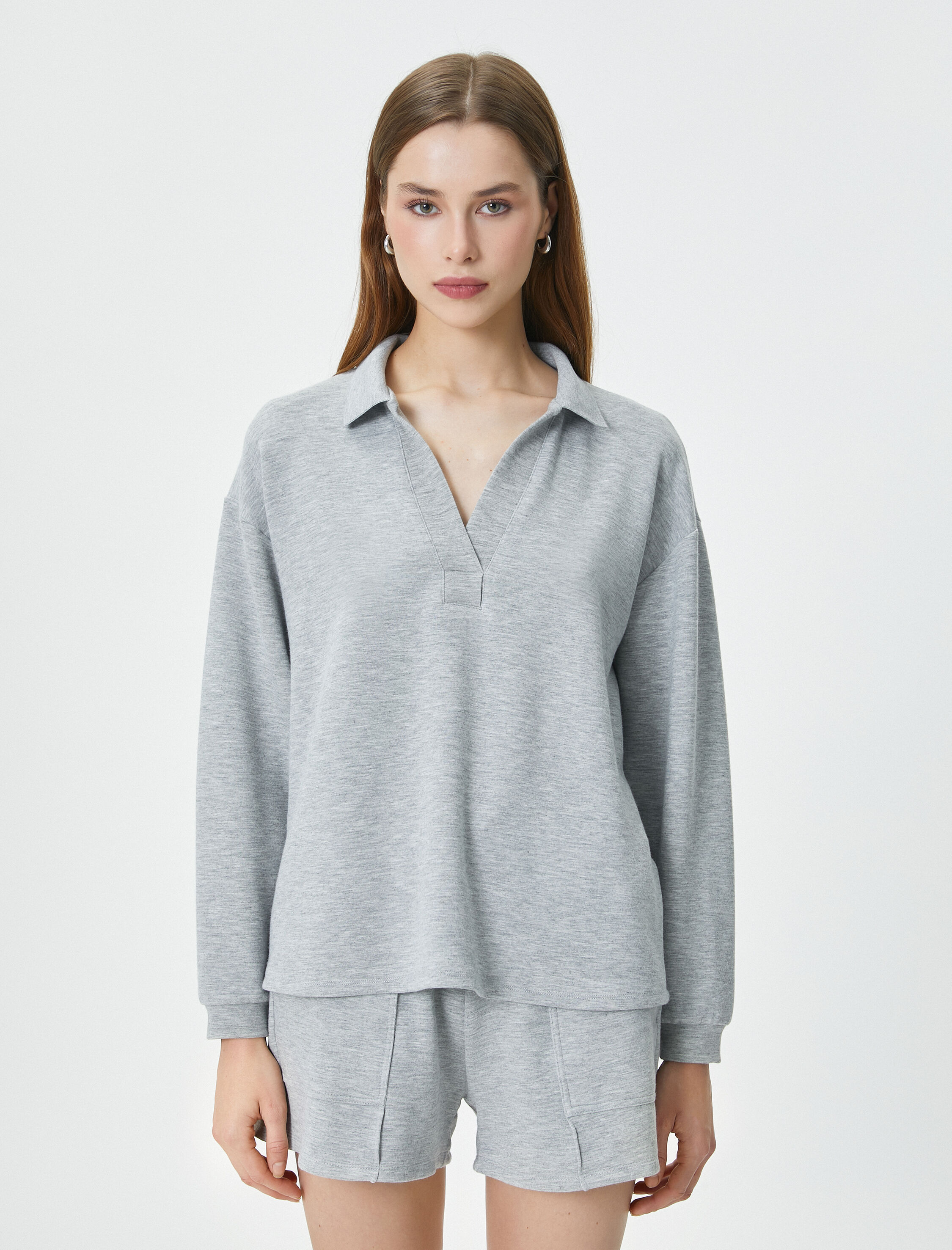   Polo Yaka Sweatshirt Viskon Uzun Kollu Rahat Kesim