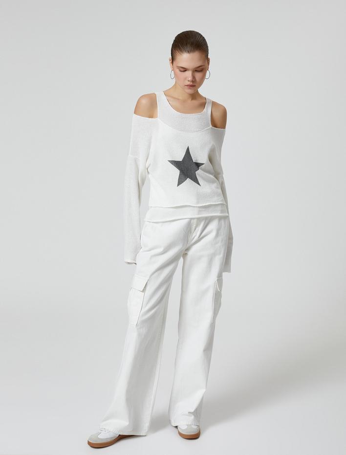  Pencere Detaylı Tişört Bisiklet yaka Uzun Kollu Yıldız Baskılı