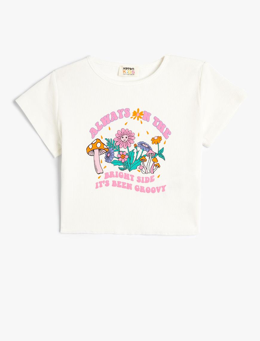  Kız Çocuk Crop Tişört Çiçek Baskılı Kısa Kollu Pamuklu