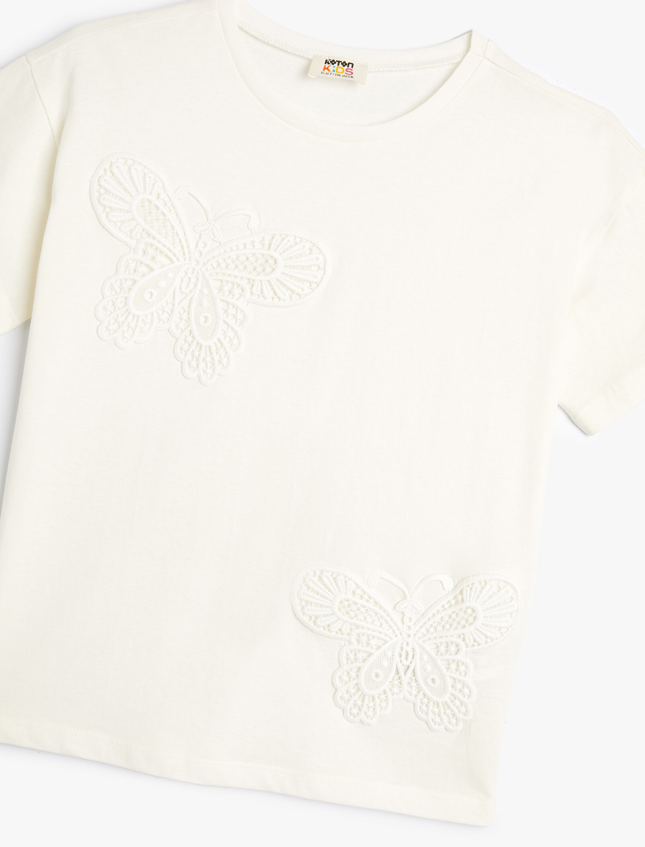  Kız Çocuk Tişört Kelebek Aplikeli Bisiklet Yaka Pamuklu