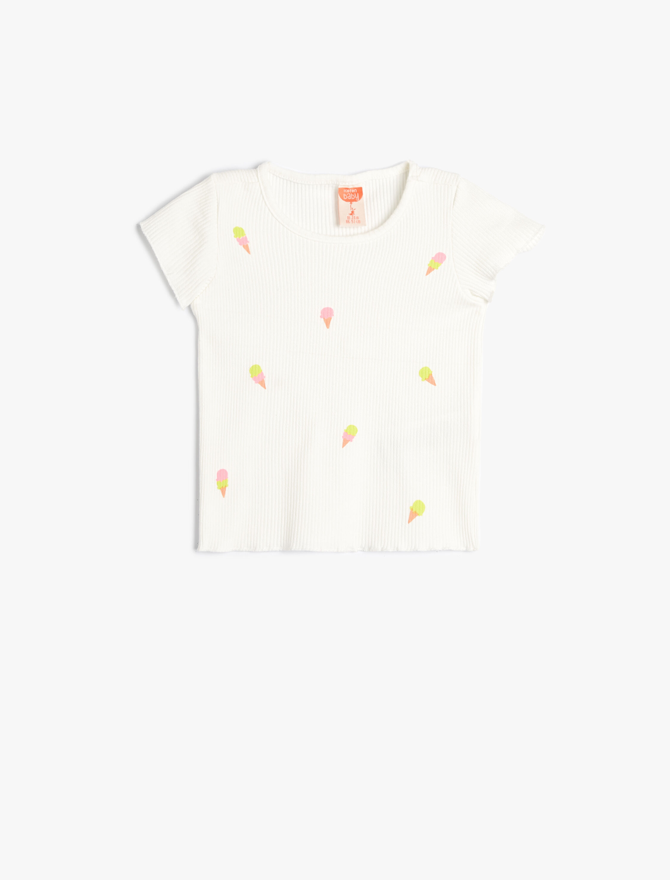  Kız Bebek Tişört Dondurma Baskılı Kısa Kollu Bisiklet Yaka Fitilli Pamuklu