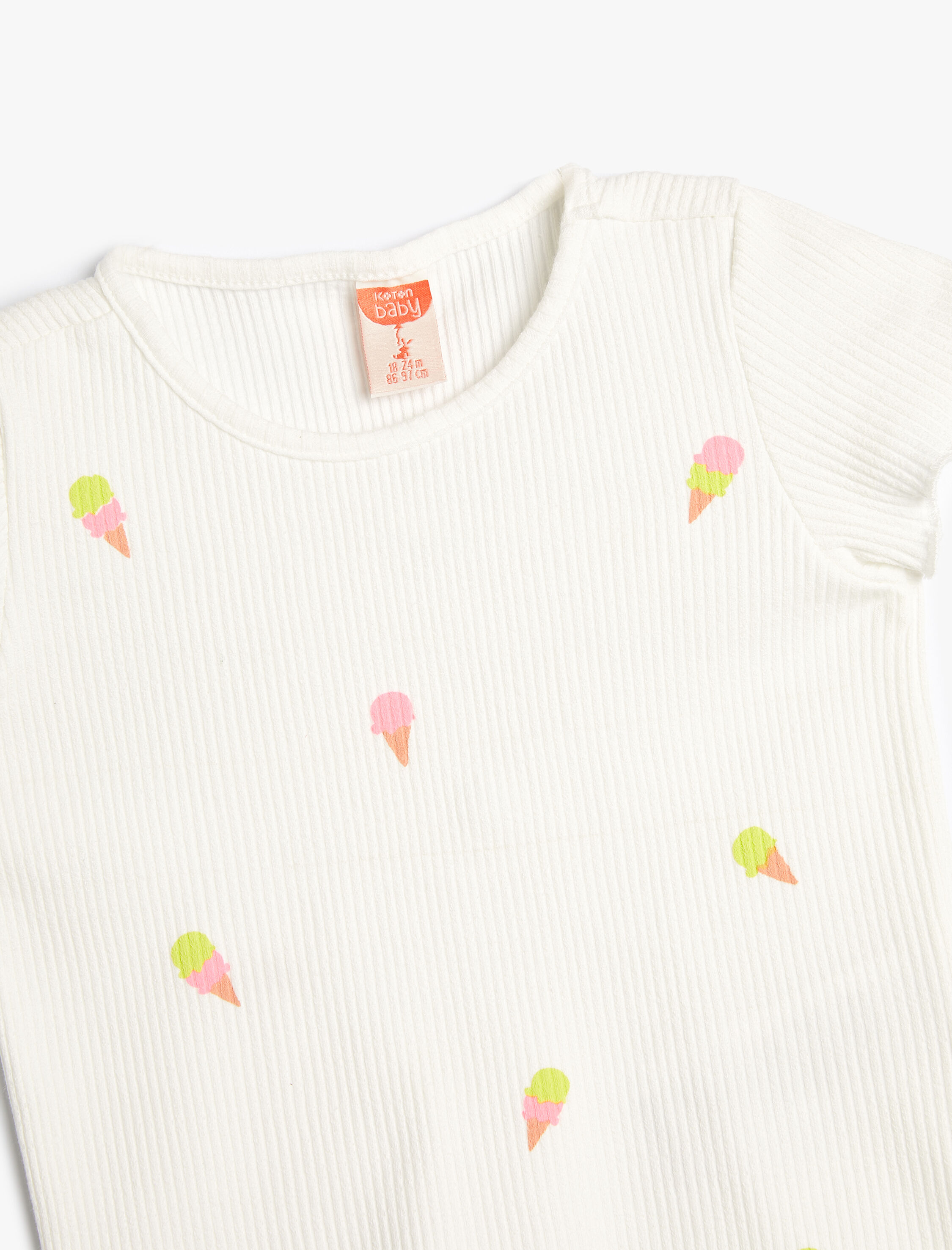  Kız Bebek Tişört Dondurma Baskılı Kısa Kollu Bisiklet Yaka Fitilli Pamuklu