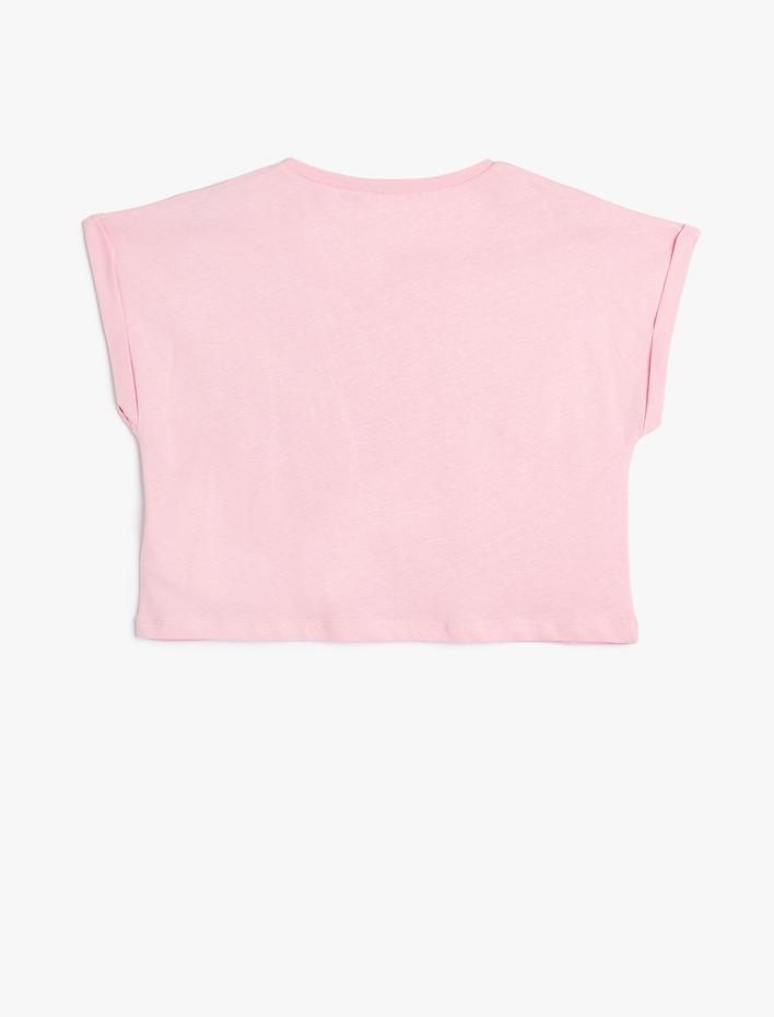 Kız Çocuk Crop Tişört Slogan Baskılı Kısa Kollu Bisiklet Yaka Pamuklu