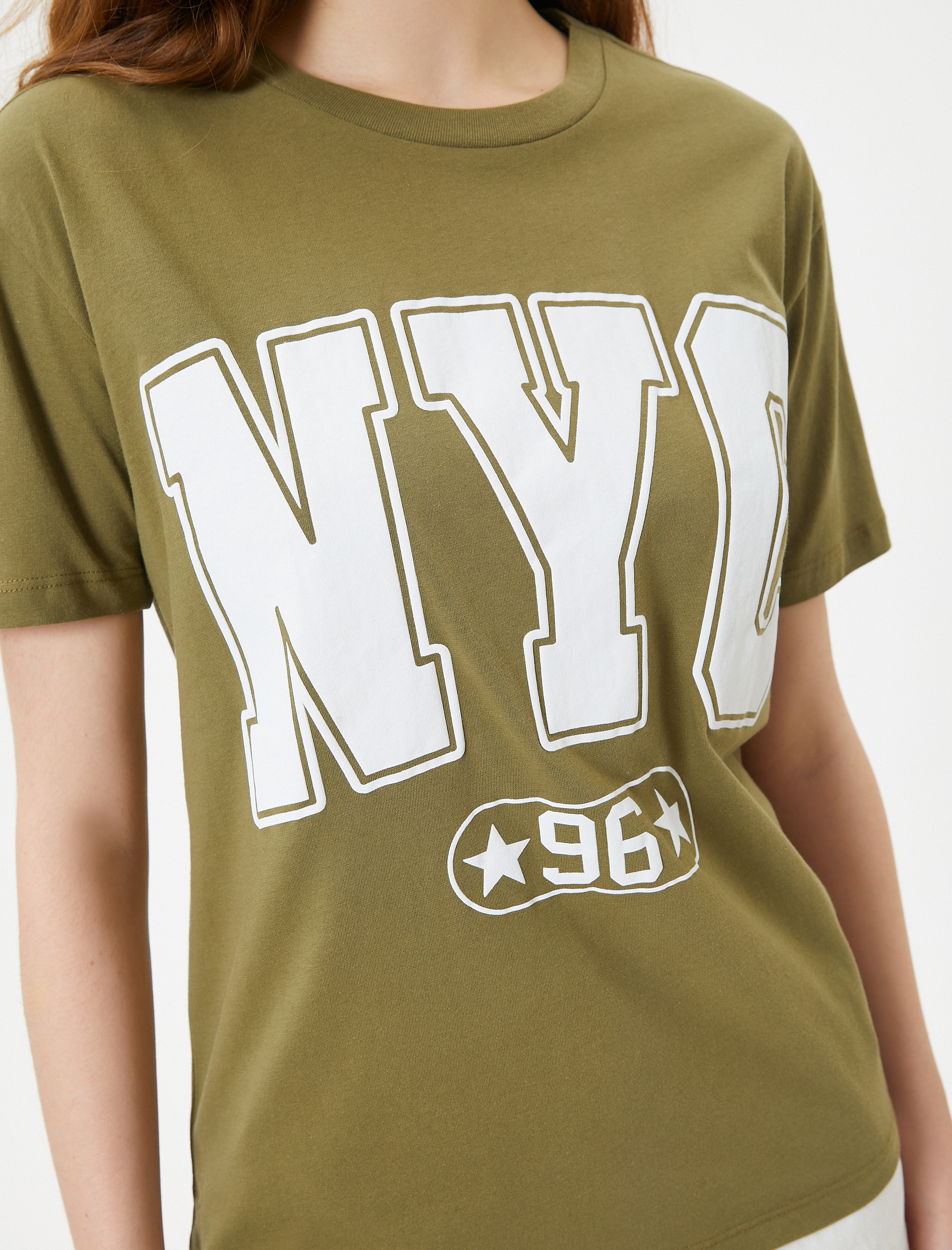   Tişört Kolej Baskılı Bisiklet Yaka Kısa Kollu Pamuklu