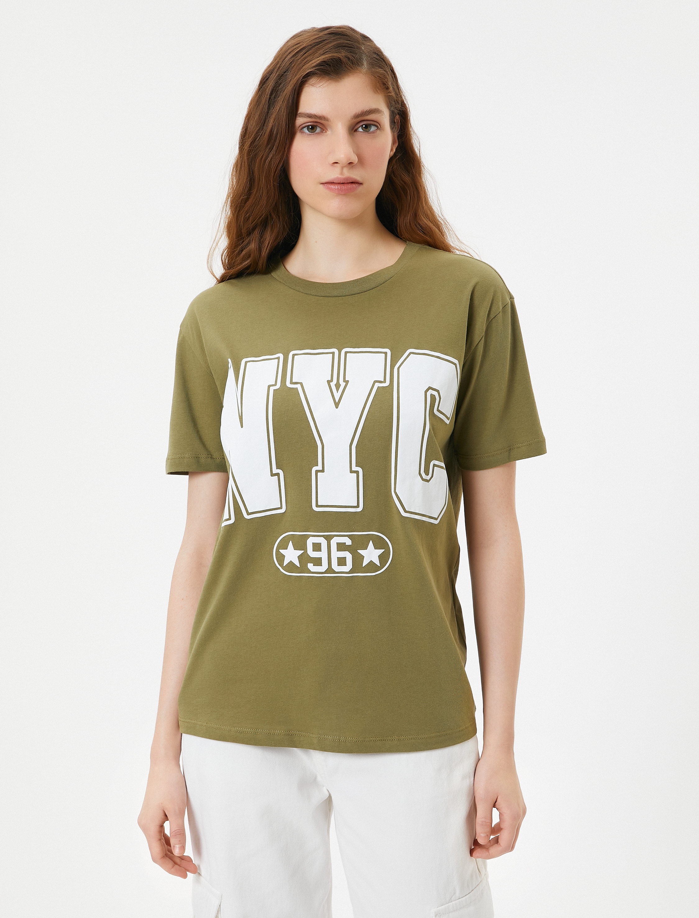   Tişört Kolej Baskılı Bisiklet Yaka Kısa Kollu Pamuklu