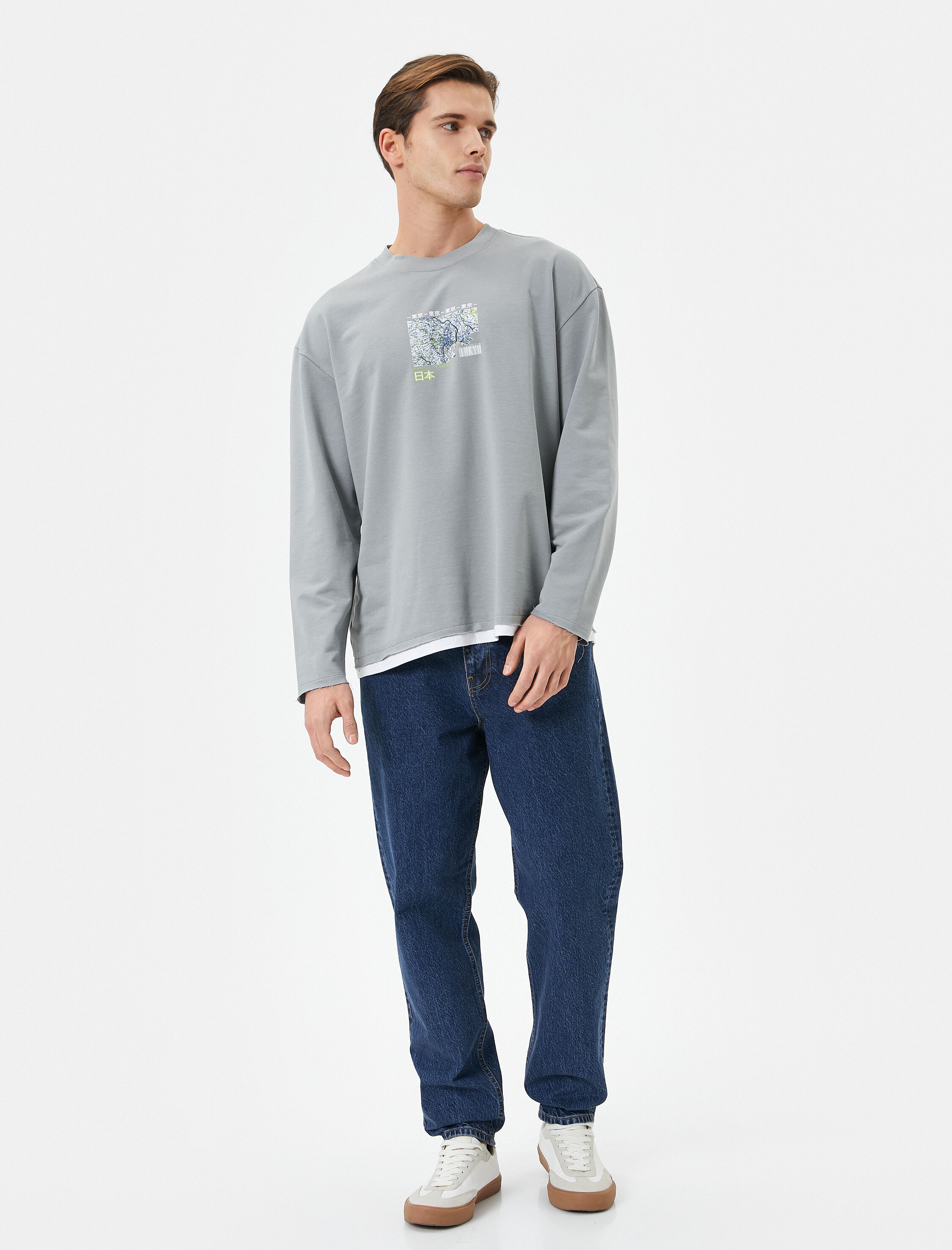   Oversize Sweat Uzakdoğu Baskılı Bisiklet Yaka Kumaş Detaylı