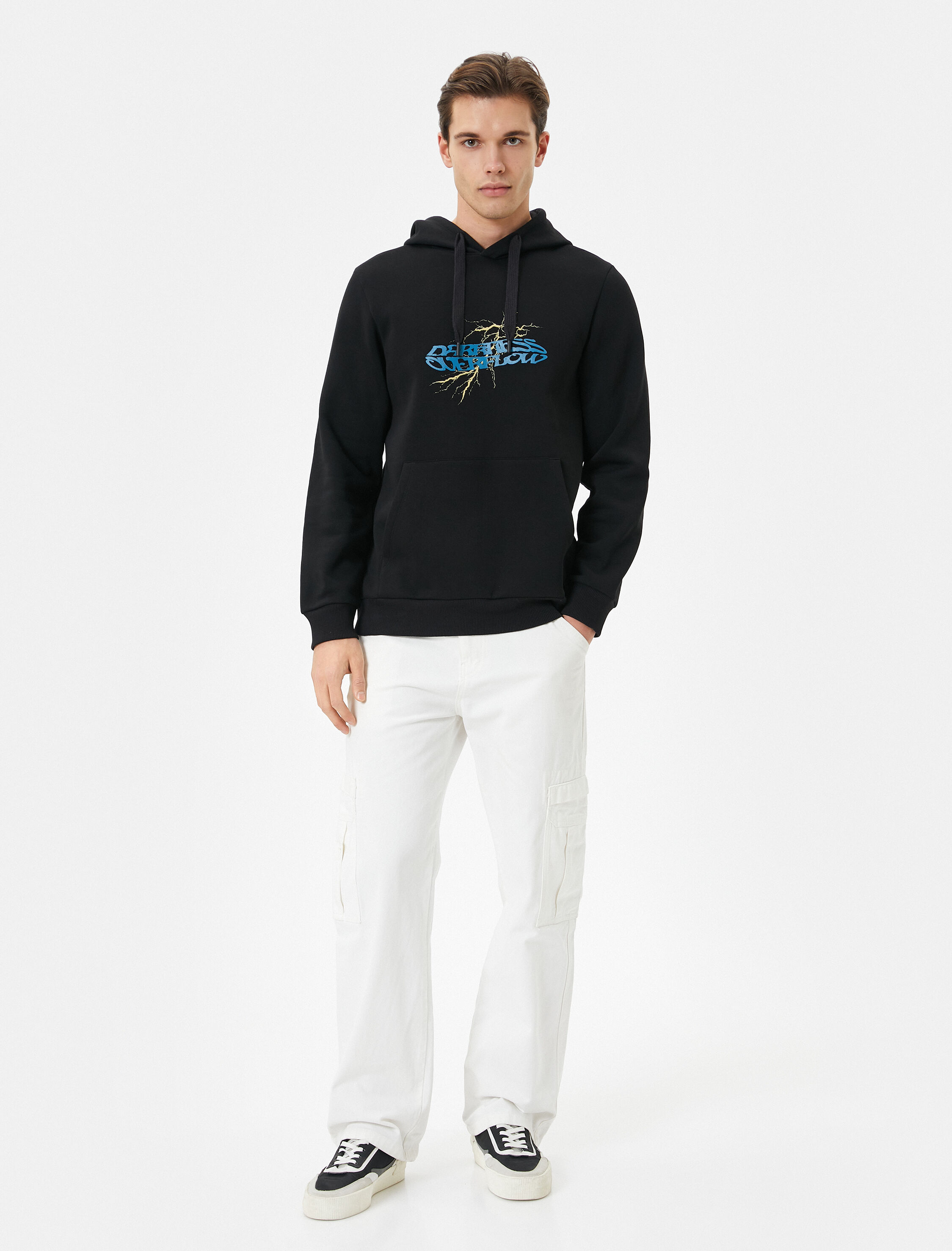   Arkası Baskılı Hoodie Kuru Kafa Temalı Kanguru Cep Detaylı Şardonlu