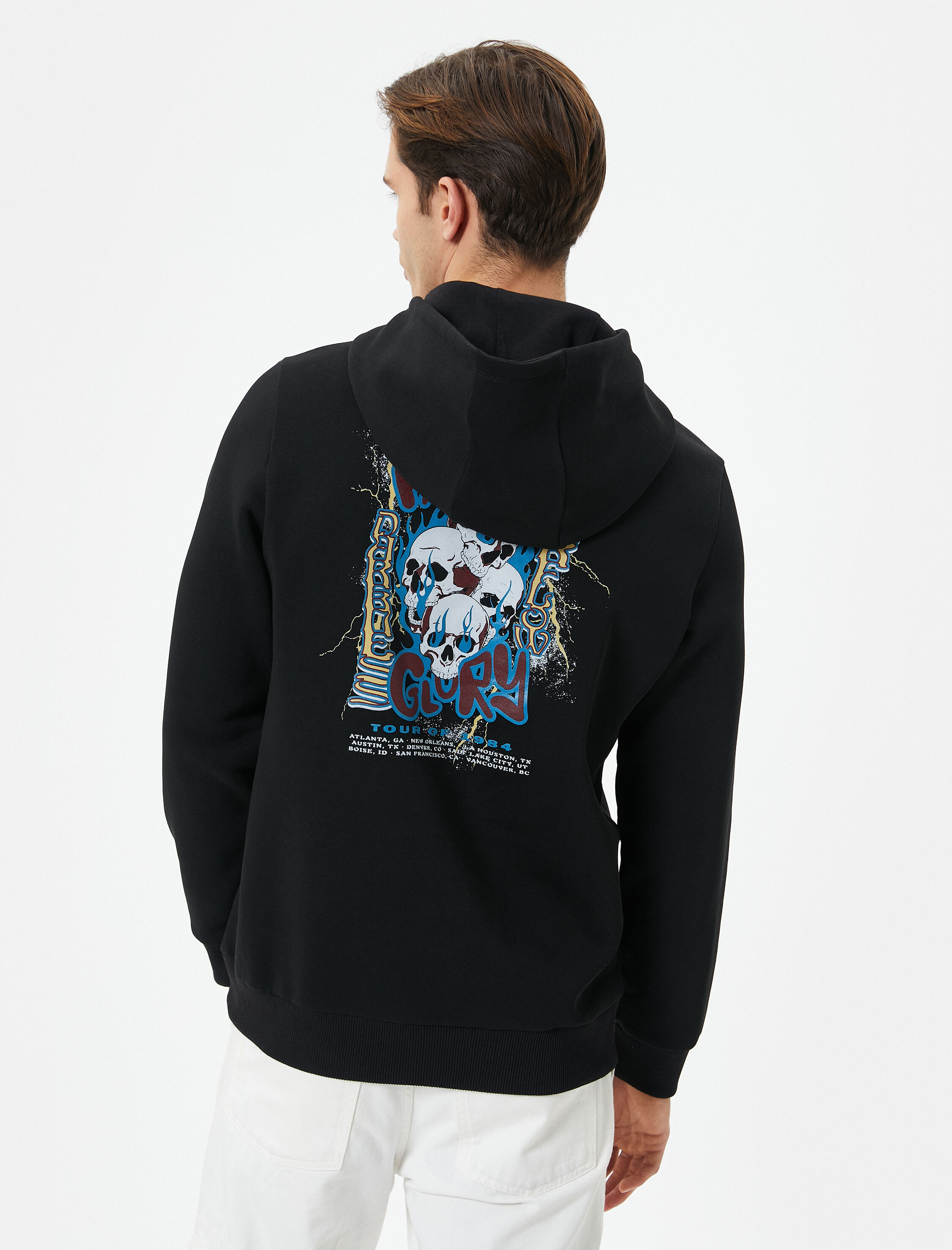   Arkası Baskılı Hoodie Kuru Kafa Temalı Kanguru Cep Detaylı Şardonlu