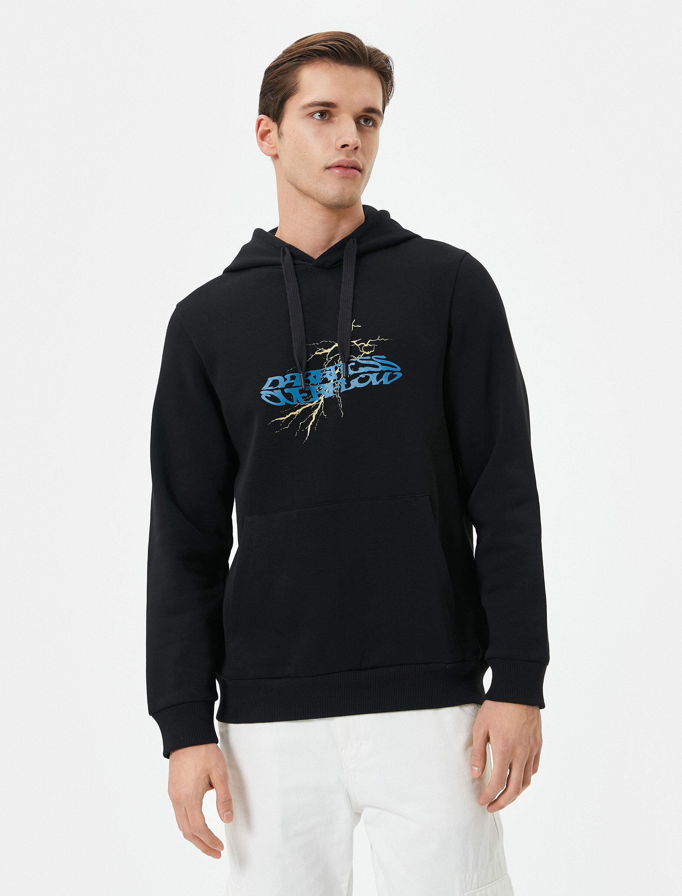   Arkası Baskılı Hoodie Kuru Kafa Temalı Kanguru Cep Detaylı Şardonlu