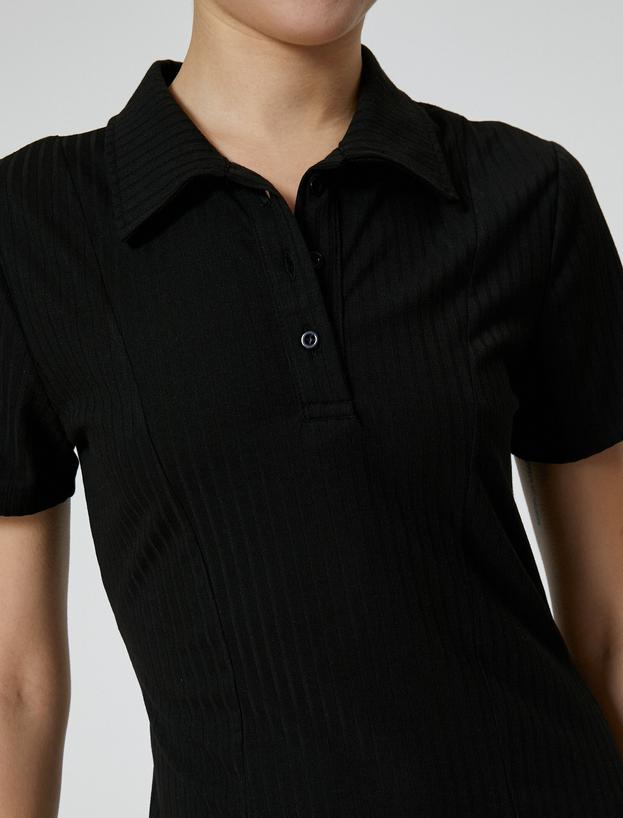 Polo Yaka Mini Elbise A Kesim Kısa Kollu Ribanalı_4