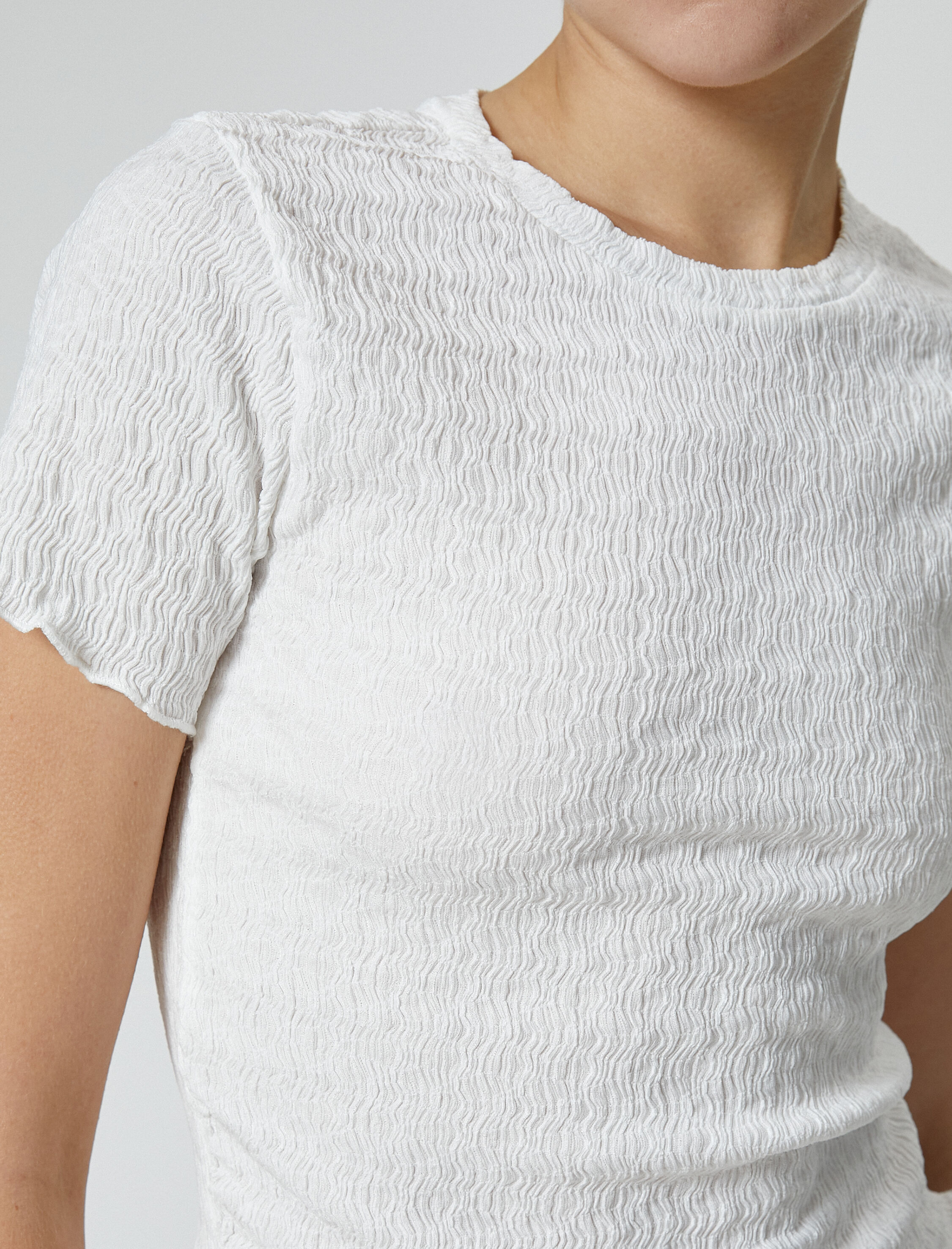 Dokulu Crop Tişört Kısa Kollu Bisiklet Yaka Slim Fit Bürümcük