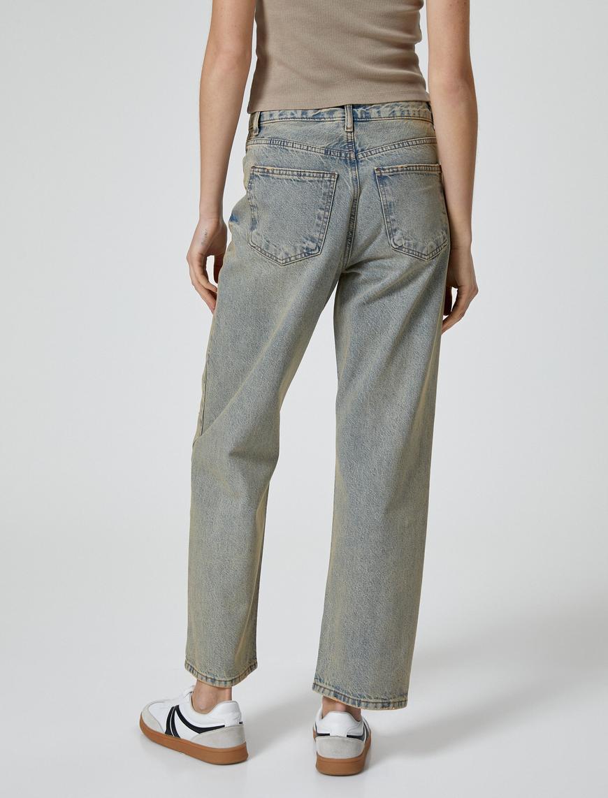   Taşlı Kot Pantolon Straight Jean Yüksek Bel Düz Paça Cepli Pamuklu - Eve Jeans