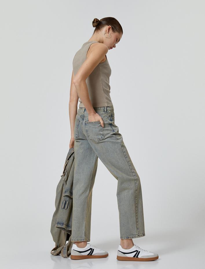  Taşlı Kot Pantolon Straight Jean Yüksek Bel Düz Paça Cepli Pamuklu - Eve Jeans