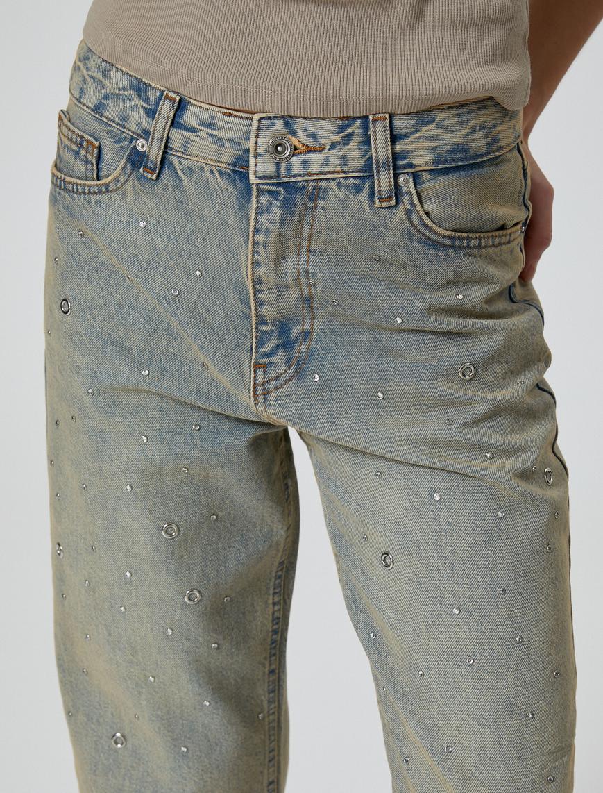   Taşlı Kot Pantolon Straight Jean Yüksek Bel Düz Paça Cepli Pamuklu - Eve Jeans