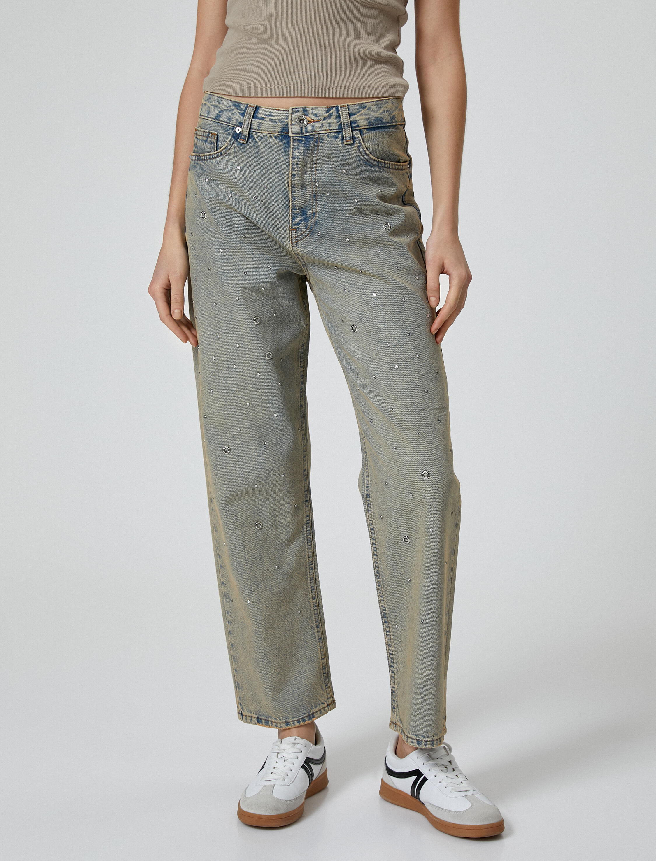   Taşlı Kot Pantolon Straight Jean Yüksek Bel Düz Paça Cepli Pamuklu - Eve Jeans