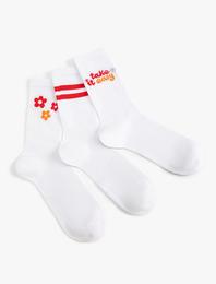 Çiçekli 3'lü Soket Çorap Seti Slogan Desenli