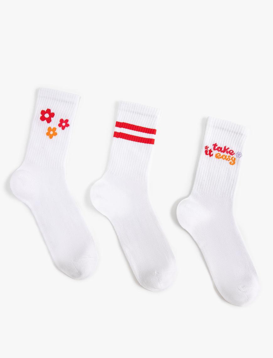  Kadın Çiçekli 3'lü Soket Çorap Seti Slogan Desenli