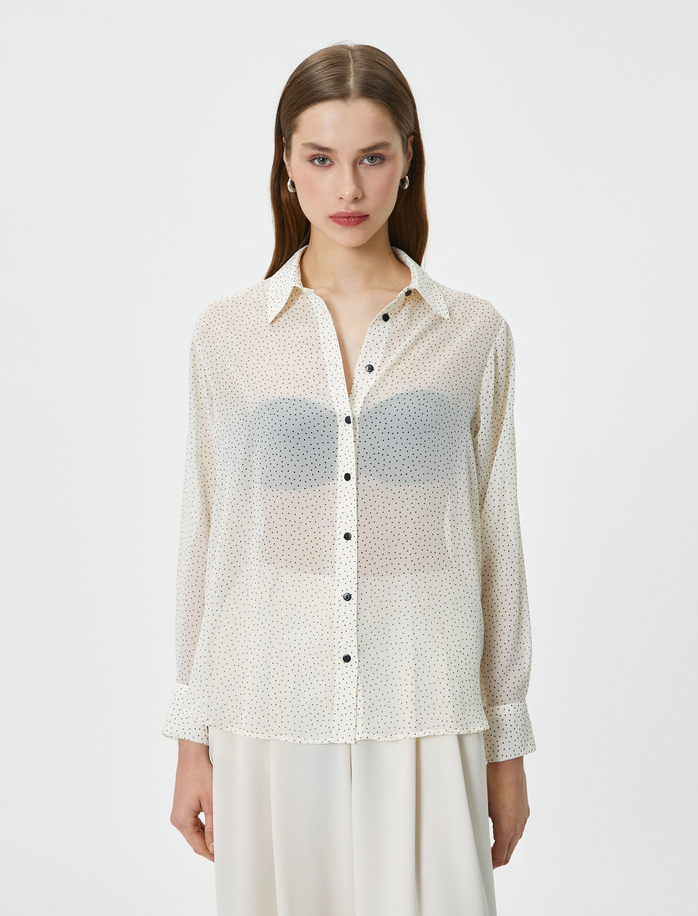   Puantiyeli Transparan Gömlek Uzun Kollu Düğmeli