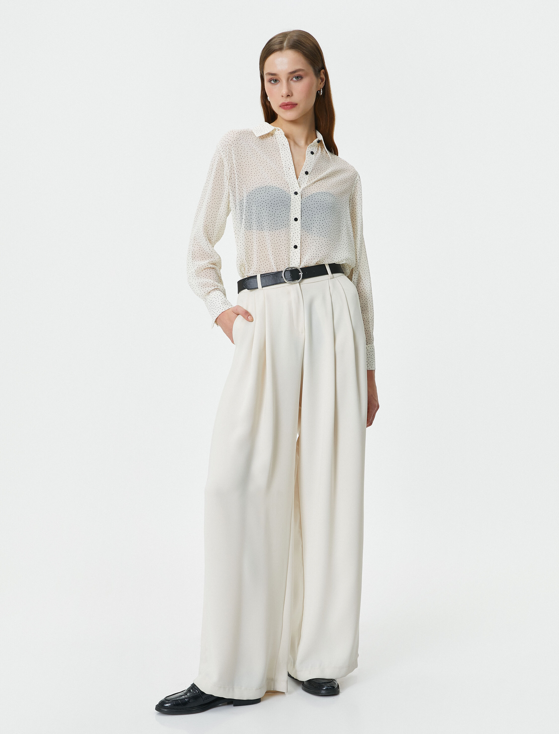   Puantiyeli Transparan Gömlek Uzun Kollu Düğmeli