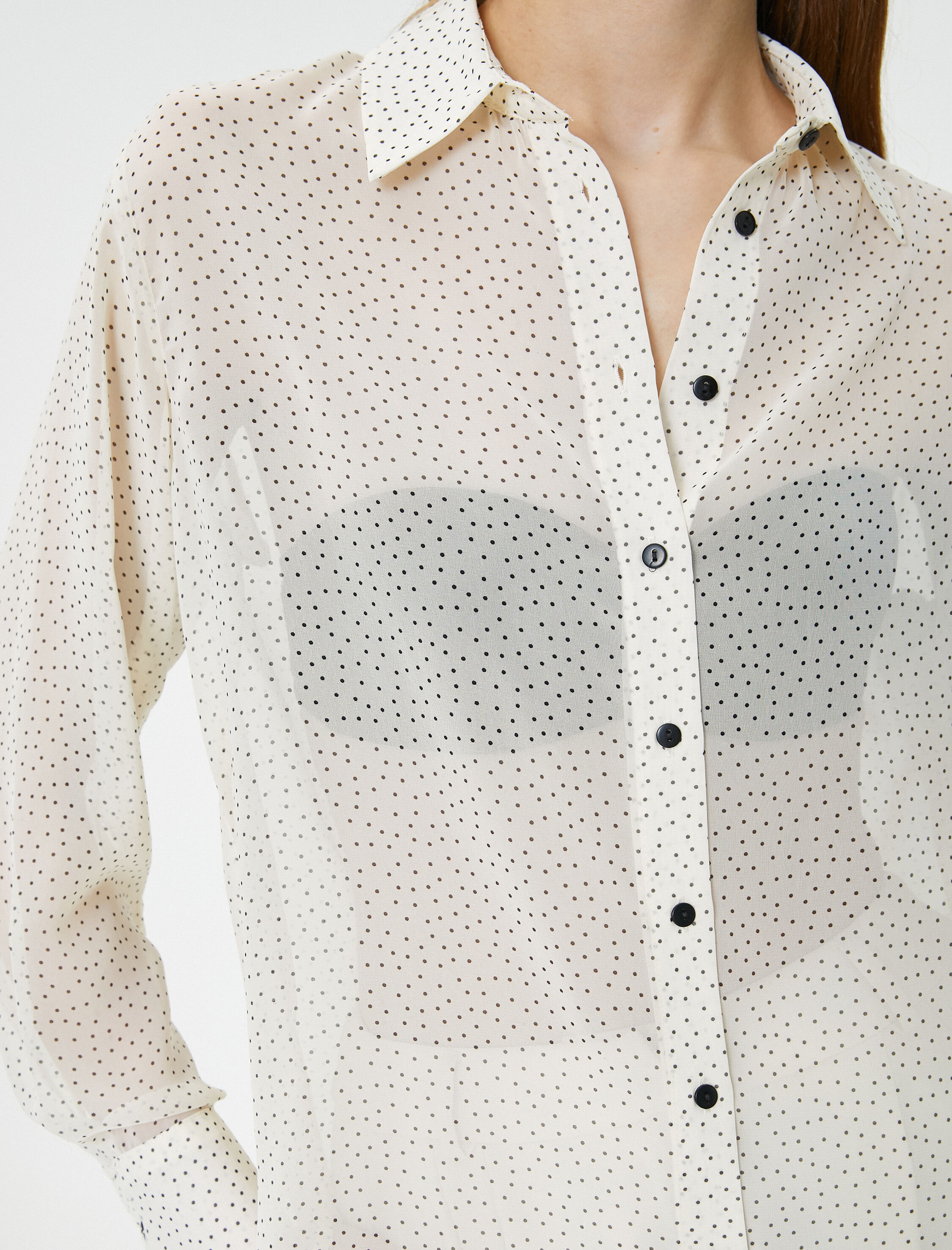   Puantiyeli Transparan Gömlek Uzun Kollu Düğmeli