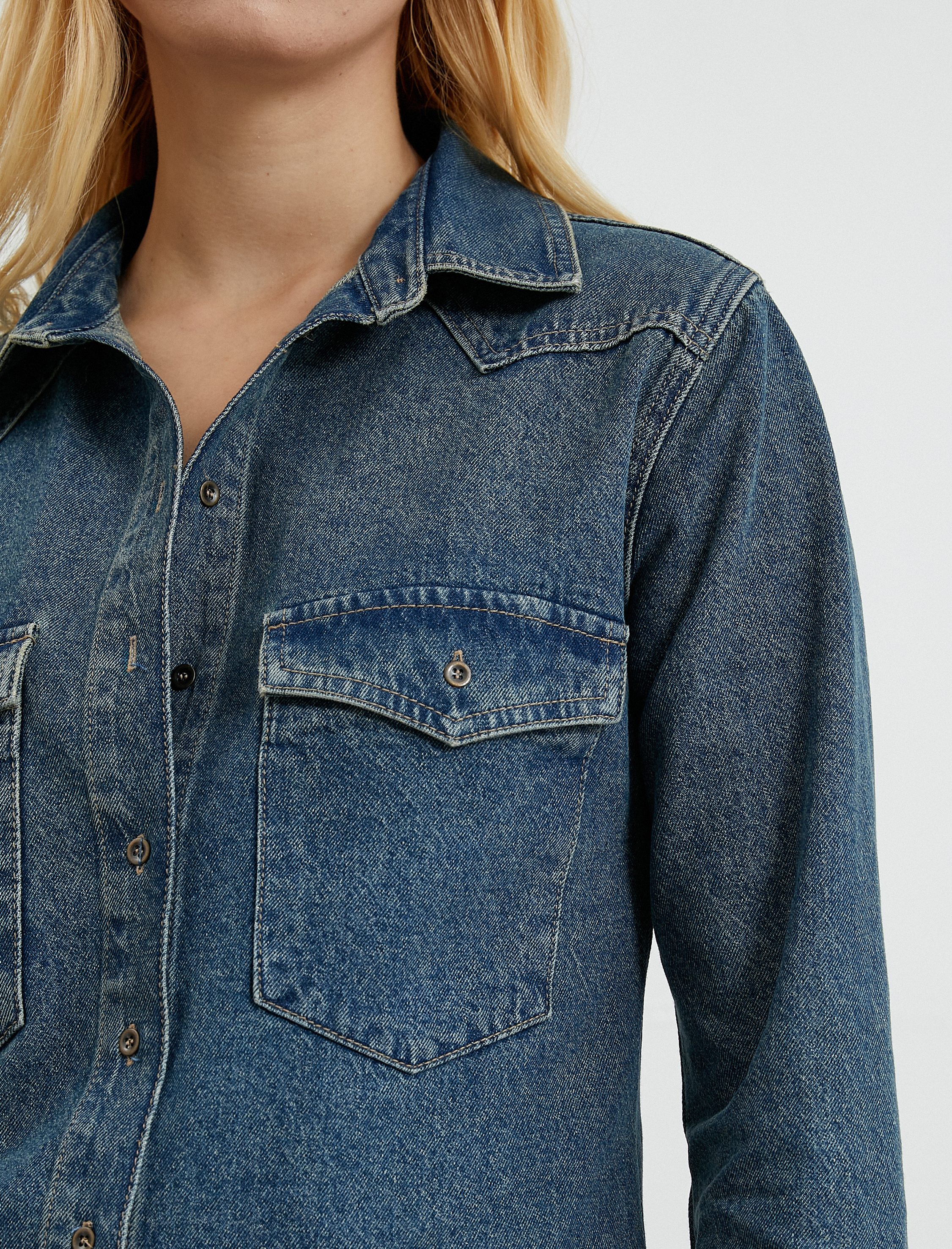   Kot Gömlek Uzun Kollu Cep Detaylı Düğmeli