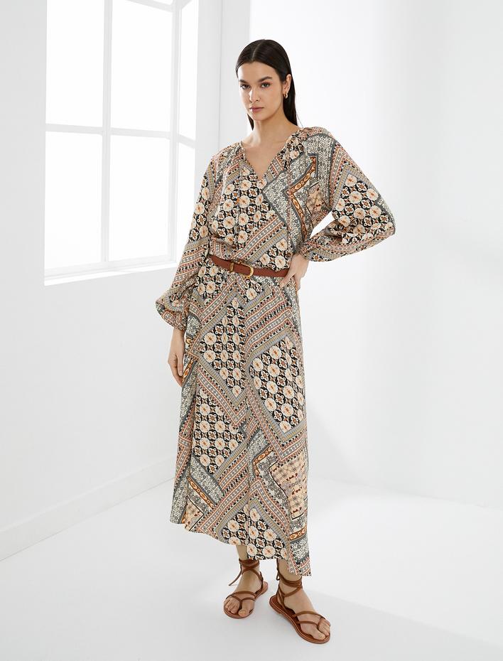  Balon Kollu Bluz Etnik Desenli Pencere Detaylı Viskon Karışımlı