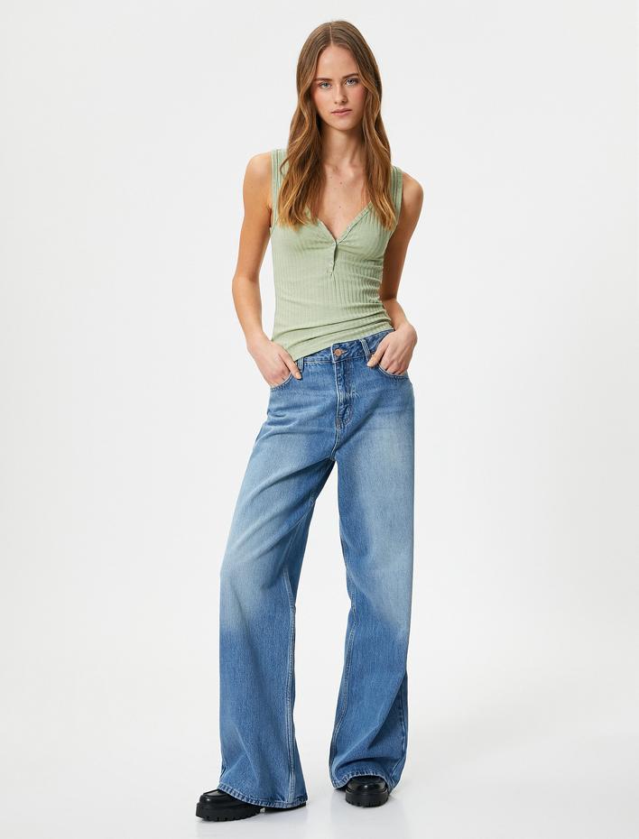  V Yaka Düğmeli Atlet Ribanalı Viskoz Kumaş Karışımlı