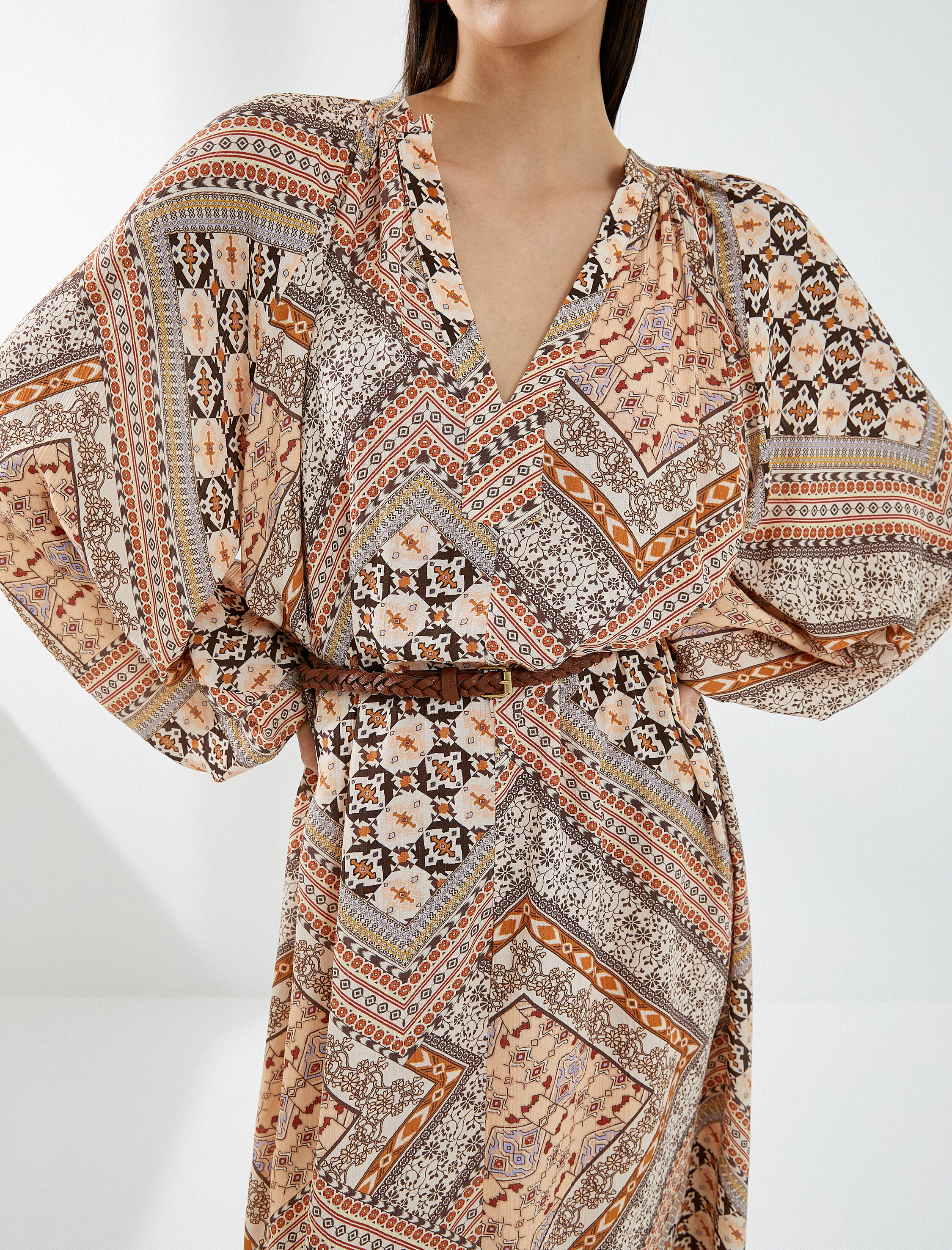   Midi Boy Elbise Etnik Desenli Balon Kollu Viskon Karışımlı