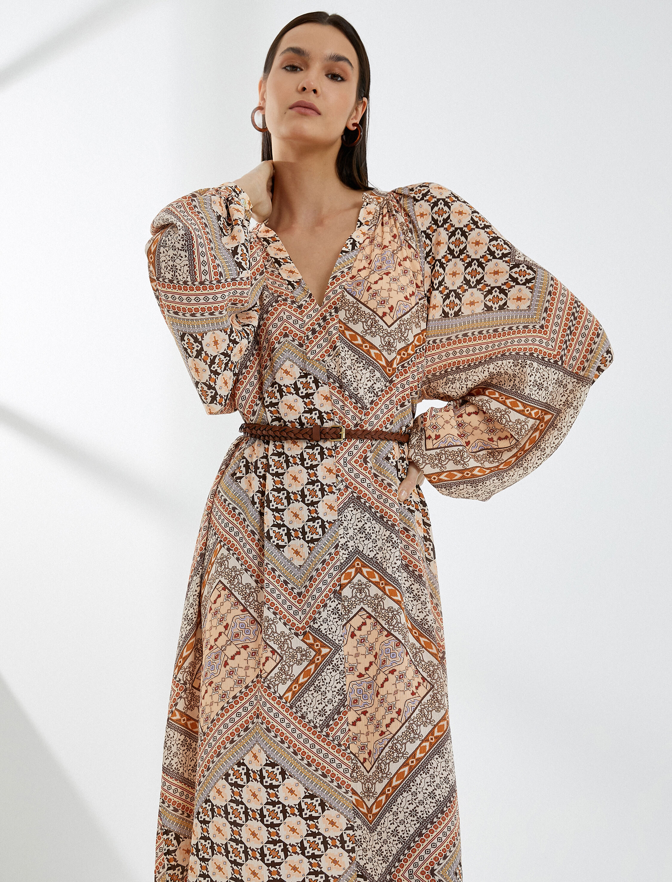   Midi Boy Elbise Etnik Desenli Balon Kollu Viskon Karışımlı