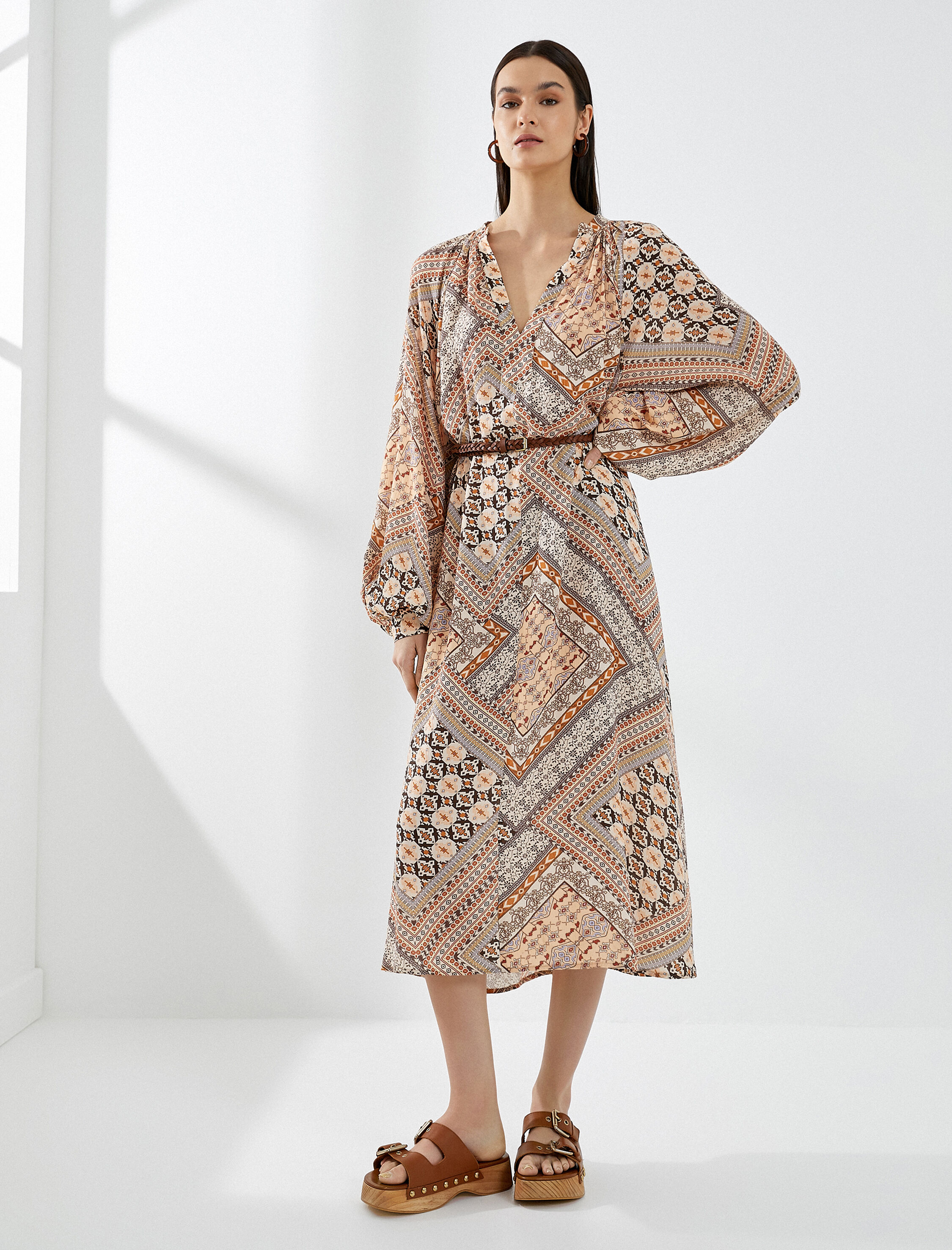   Midi Boy Elbise Etnik Desenli Balon Kollu Viskon Karışımlı