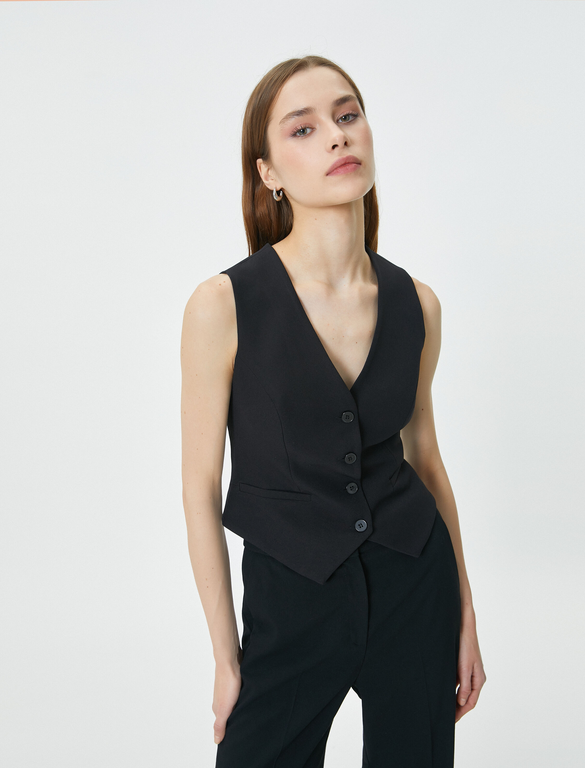   Yelek V Yaka Fileto Çift Cepli Kruvaze Yaka Düğmeli