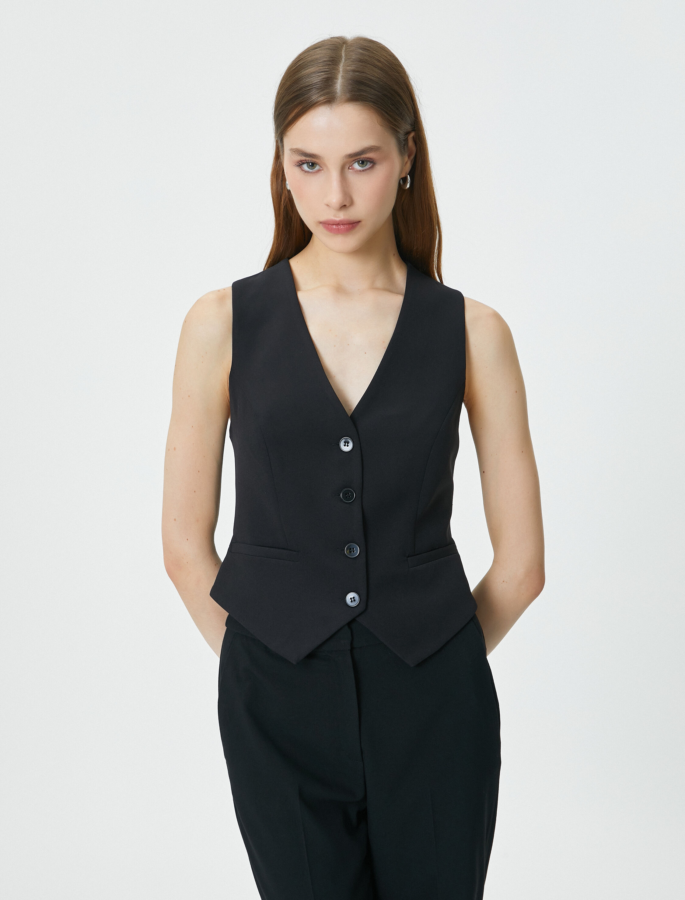   Yelek V Yaka Fileto Çift Cepli Kruvaze Yaka Düğmeli