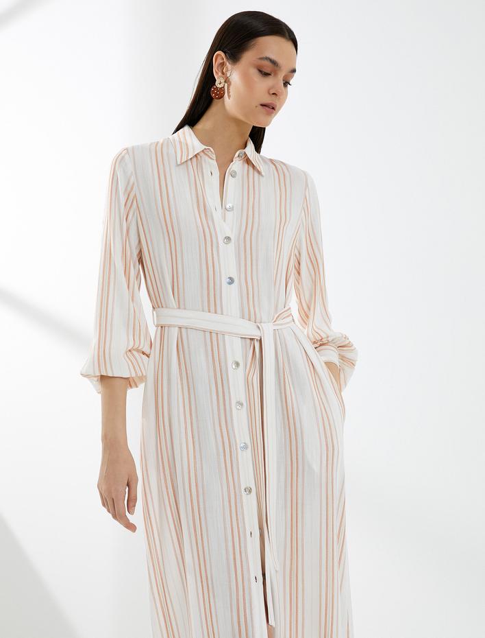  Midi Gömlek Elbise uzun Kollu Kuşaklı Viskon