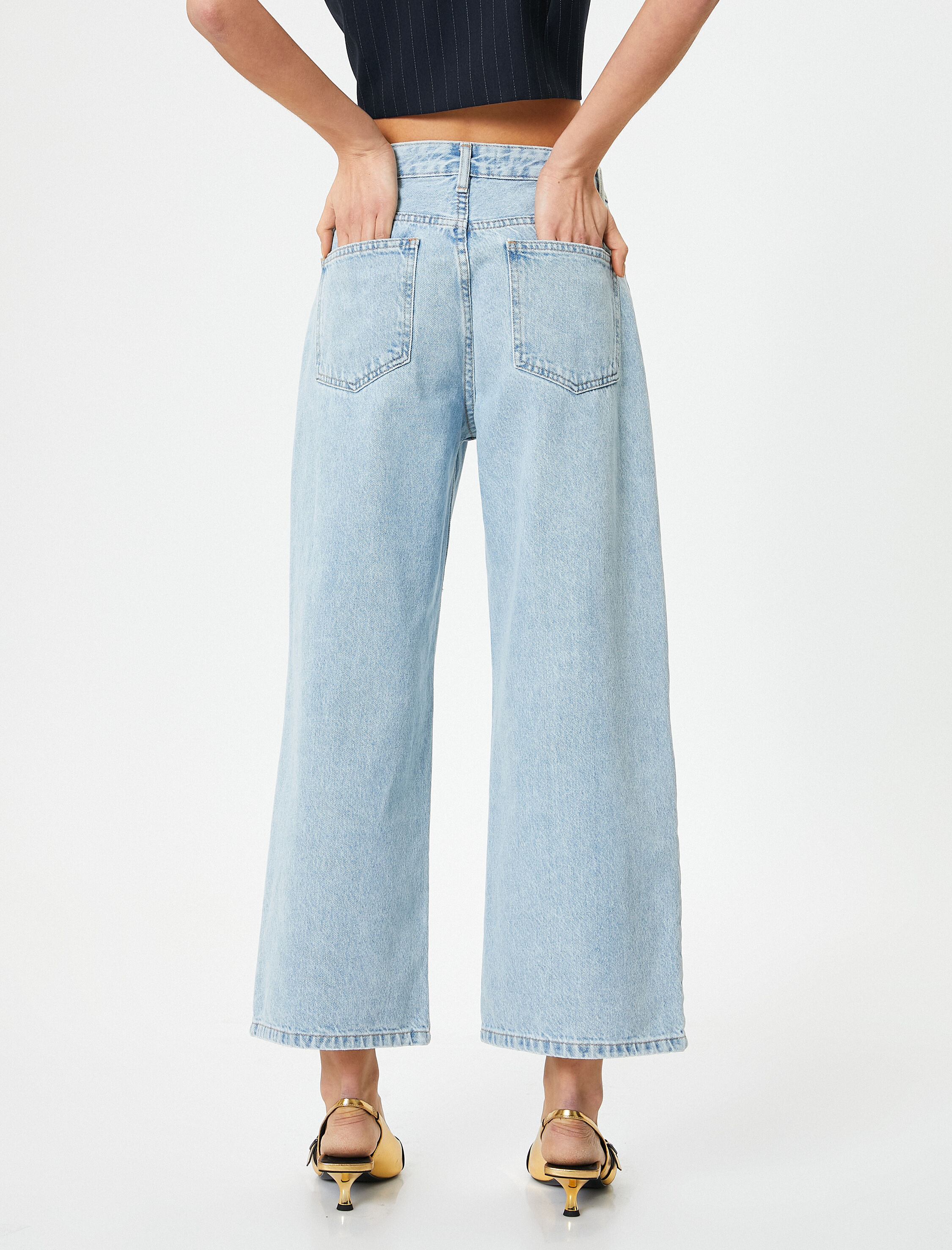   Geniş Kısa Paça Kot Pantolon Standart Bel Pamuklu Cepli - Bianca Crop Jean