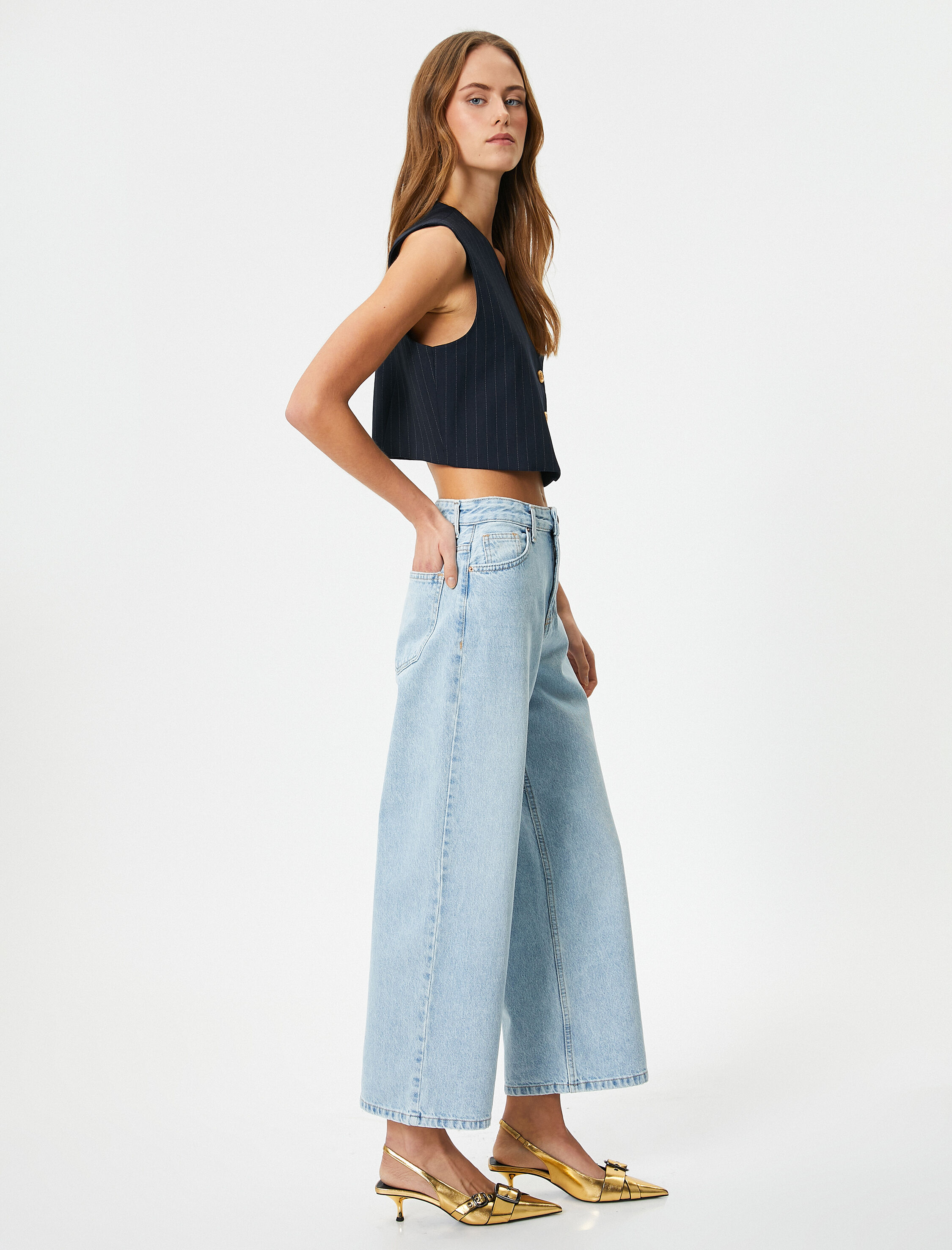   Geniş Kısa Paça Kot Pantolon Standart Bel Pamuklu Cepli - Bianca Crop Jean