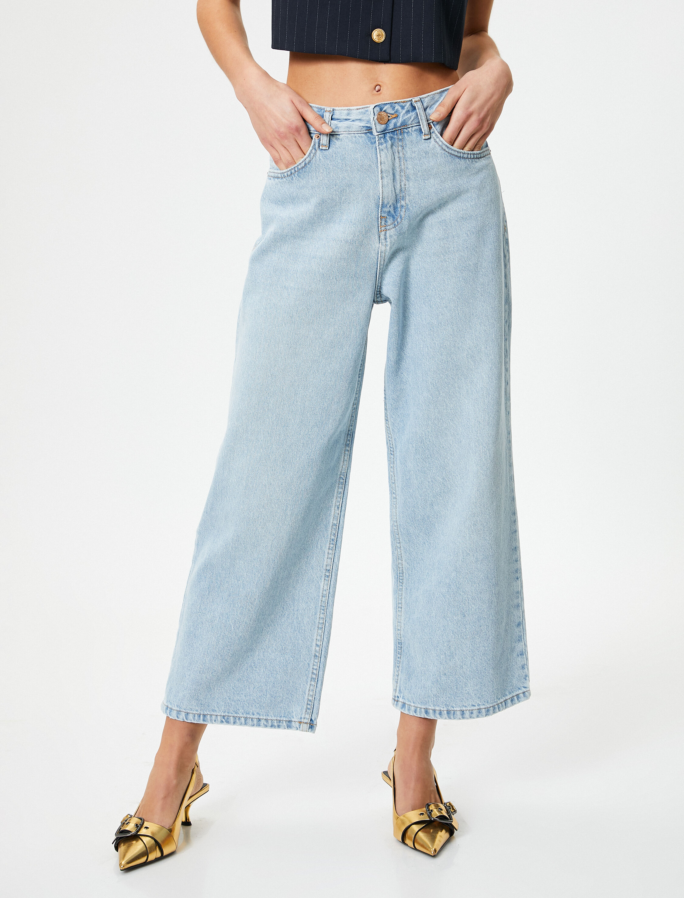   Geniş Kısa Paça Kot Pantolon Standart Bel Pamuklu Cepli - Bianca Crop Jean