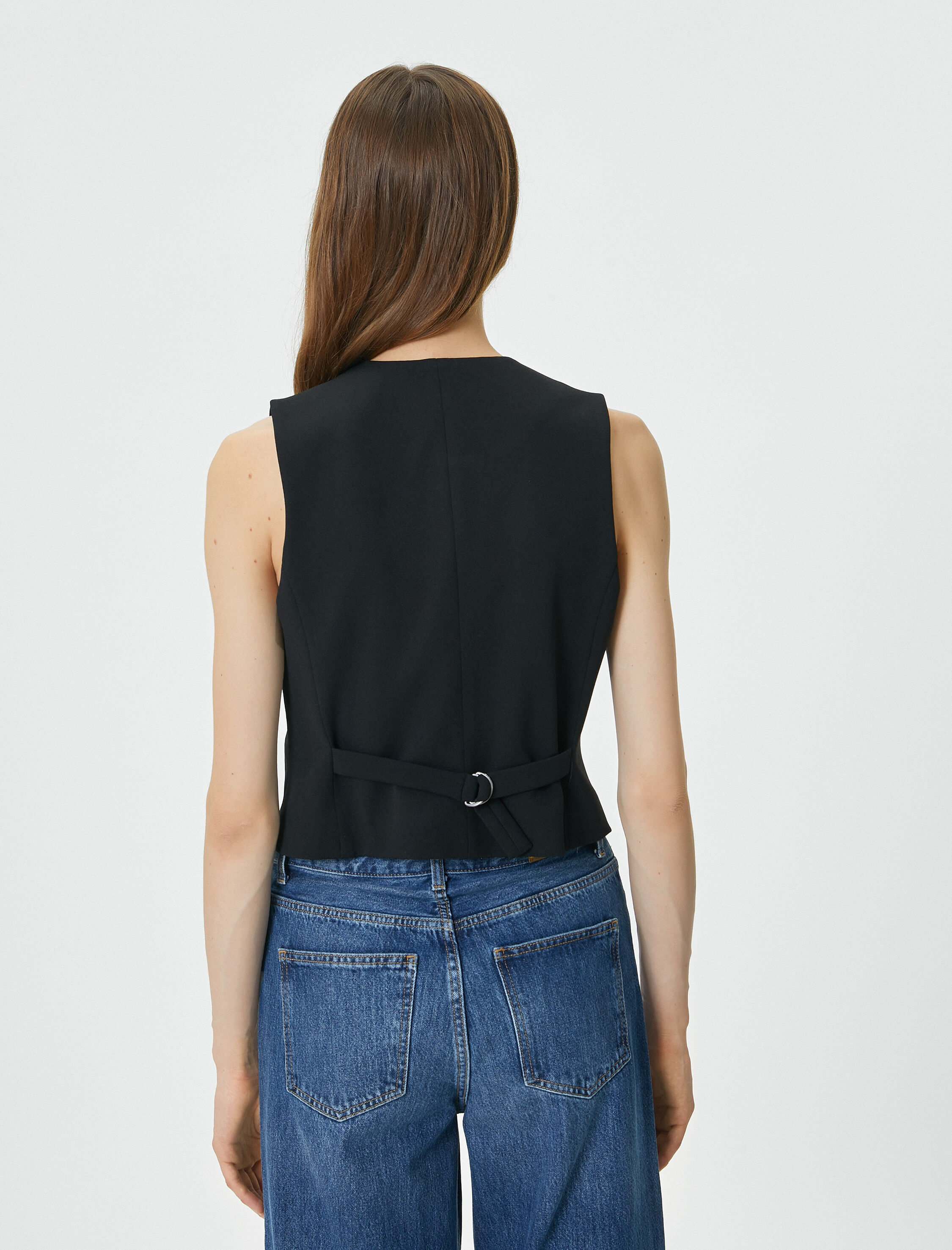   Yelek V Yaka Fileto Çift Cepli Kruvaze Yaka Düğmeli