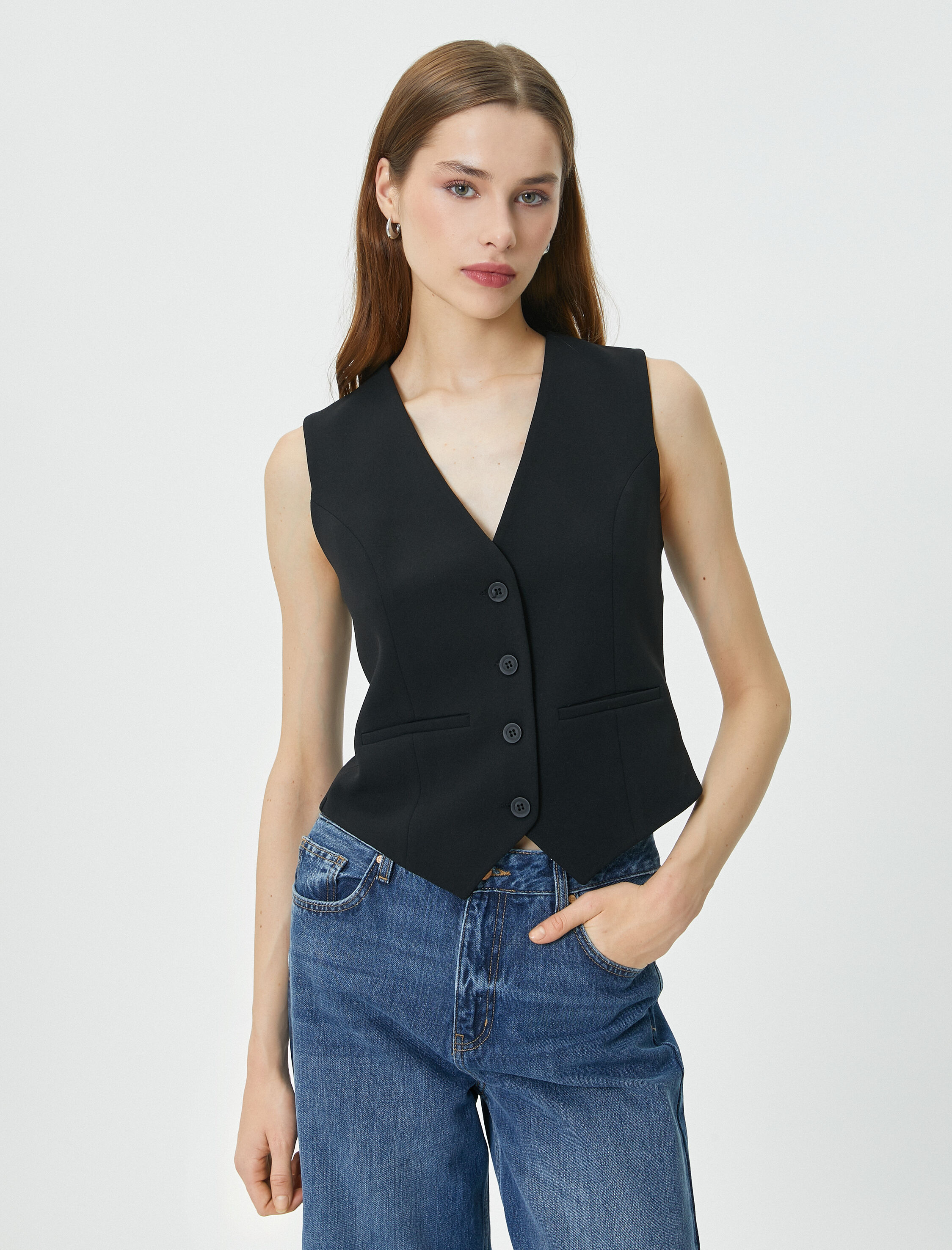   Yelek V Yaka Fileto Çift Cepli Kruvaze Yaka Düğmeli