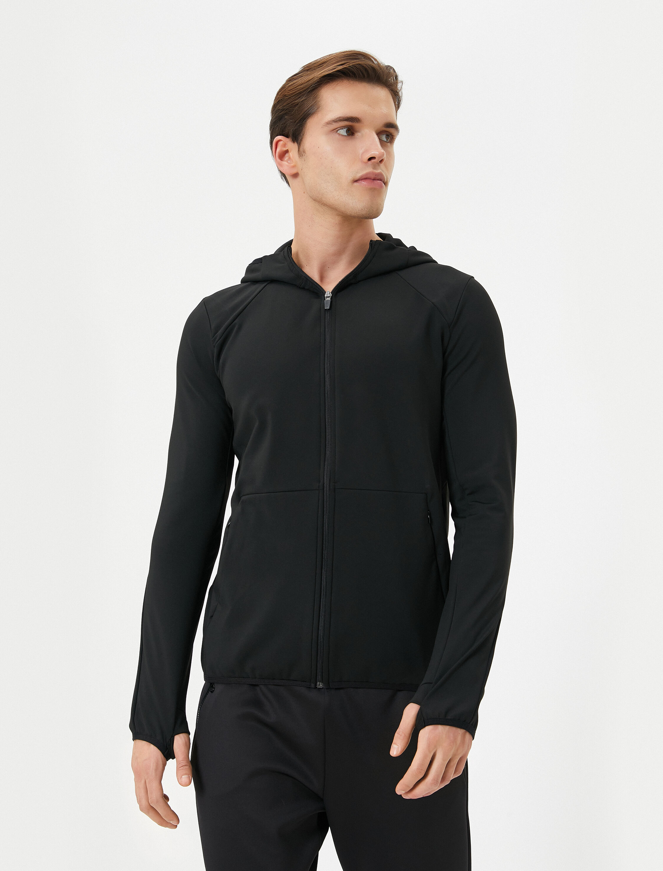   Spor Sweat Kapşonlu Fermuarlı İçi Şardonlu Cep Detaylı