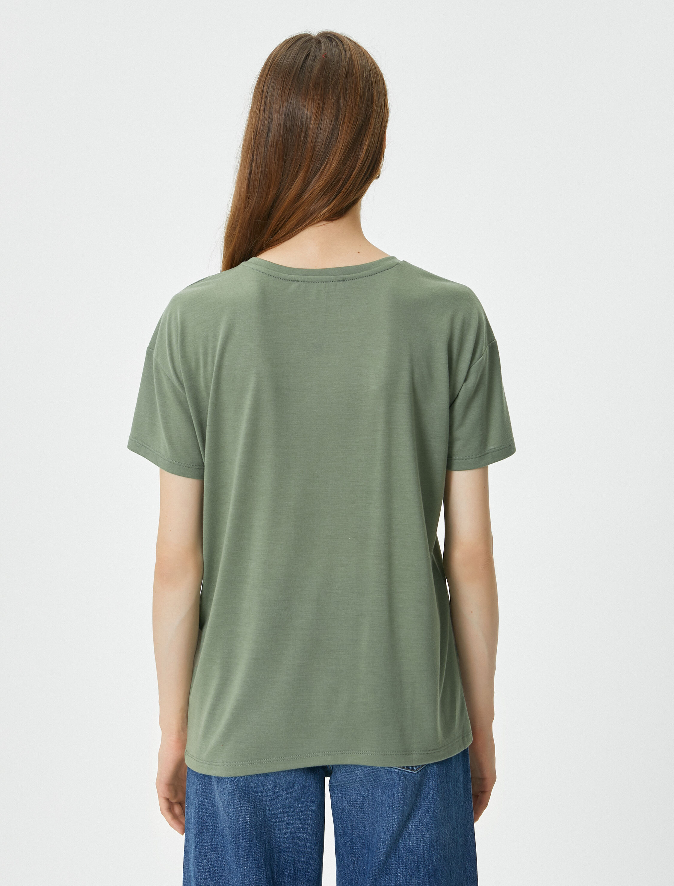   Parlak Baskılı Tişört Çiçekli Bisiklet Yaka Kısa Kollu