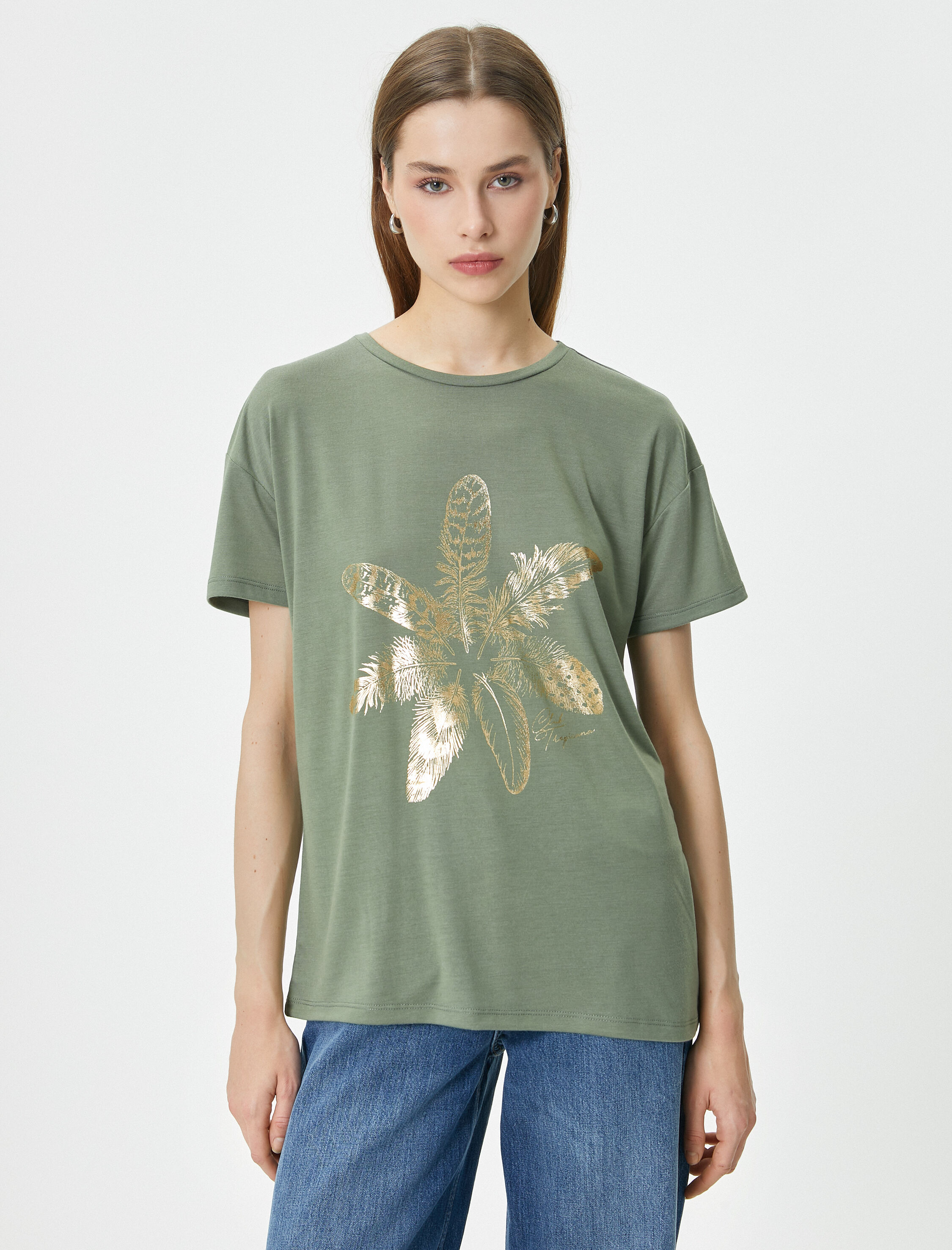   Parlak Baskılı Tişört Çiçekli Bisiklet Yaka Kısa Kollu