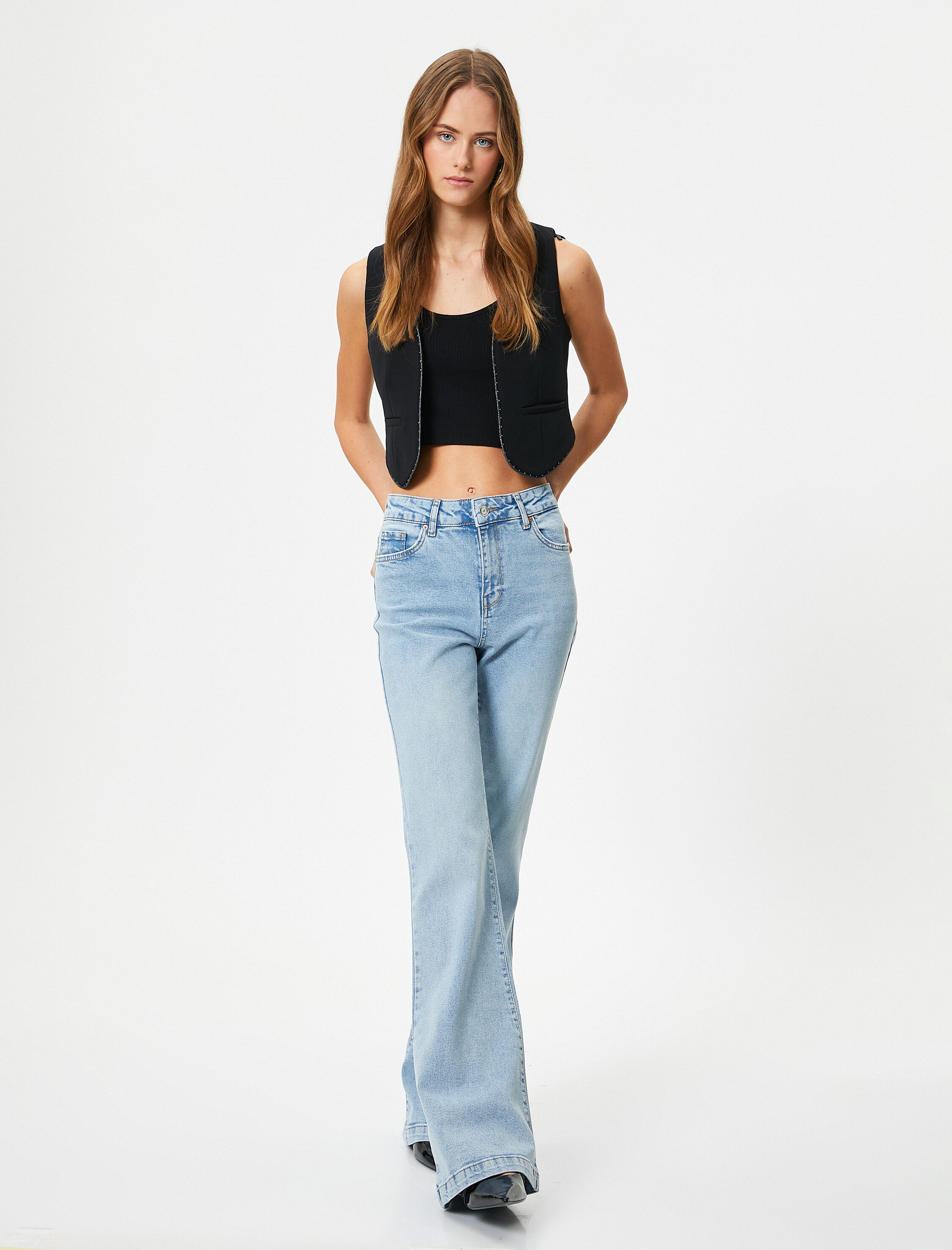 İspanyol Paça Kot Pantolon Slim Fit Yüksek Bel Esnek Pamuklu Cepli - Flare Jeans